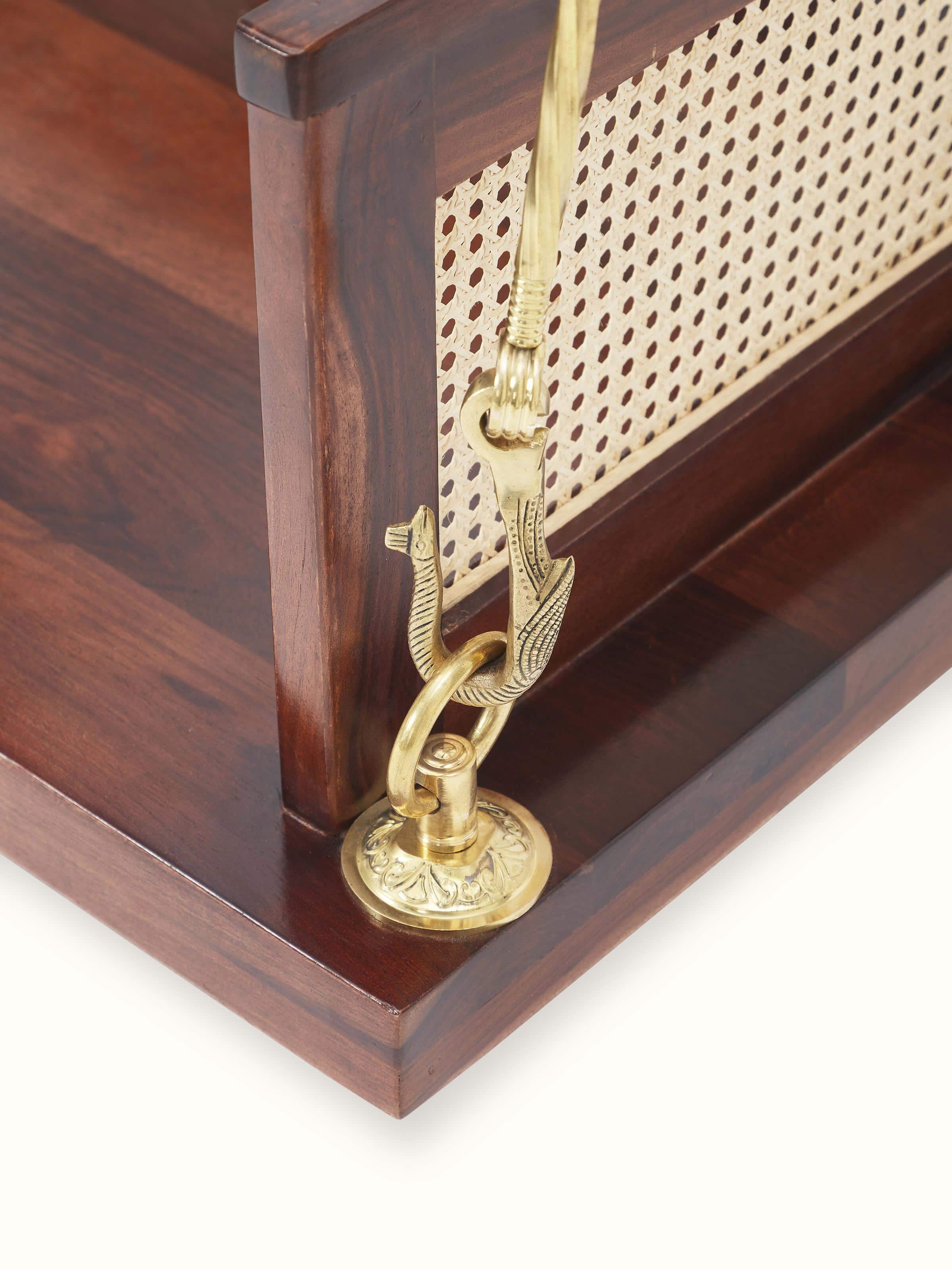 Detailed view of the cane weaving on the Sheesham wood swing, highlighting the craftsmanship and quality