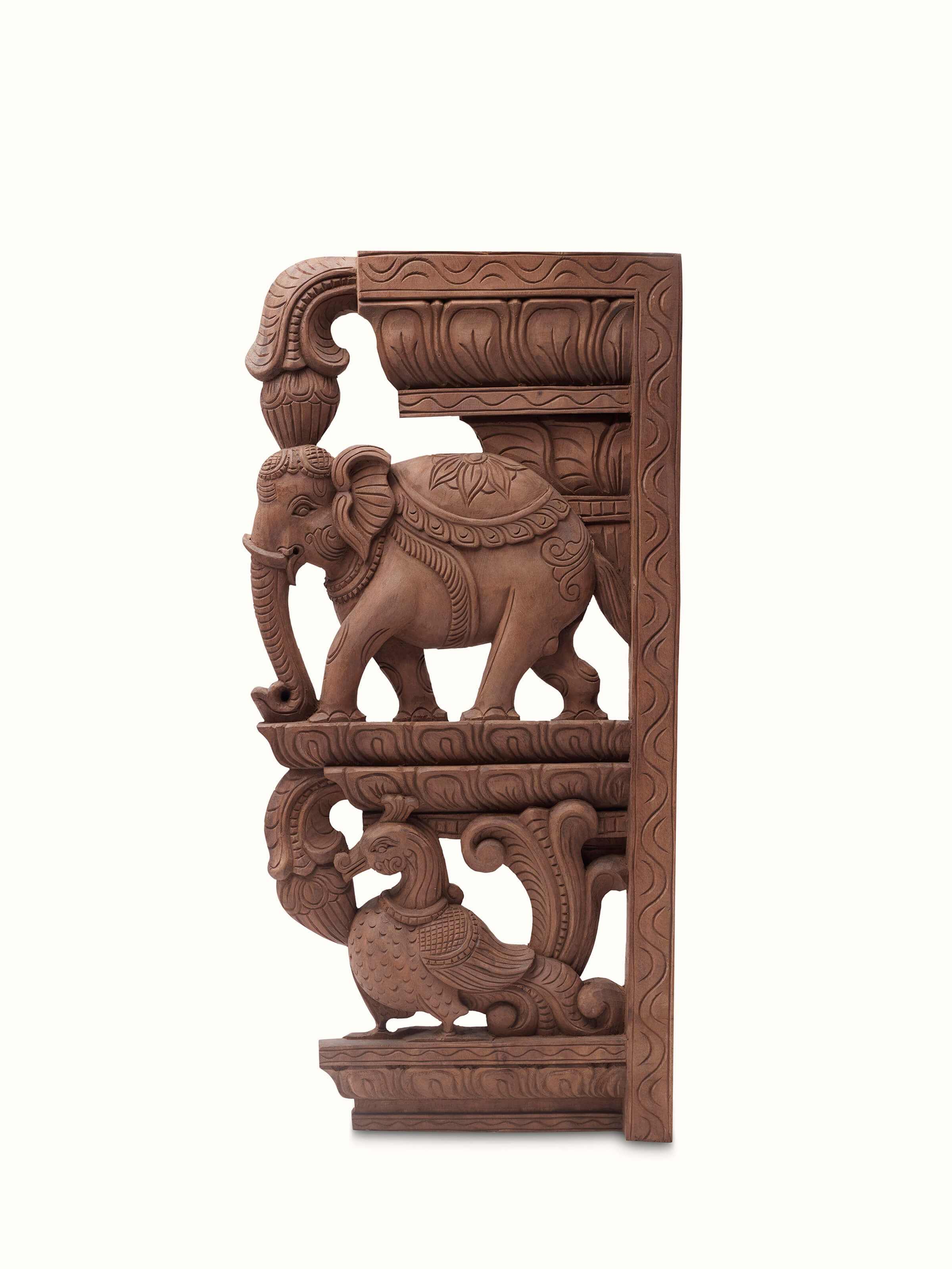 Front view of Bapatla Carved Neem Wood Elephant Brackets Sculpture (2 pcs) highlighting the detailed carving and craftsmanship.