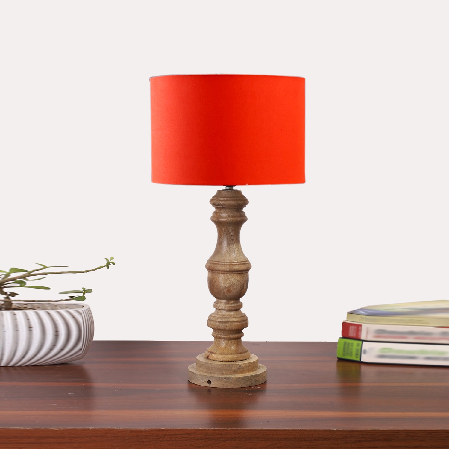 Devansh Orange Cotton Table Lamp With  Wood Natural Base (7X17.5 Inches)-5