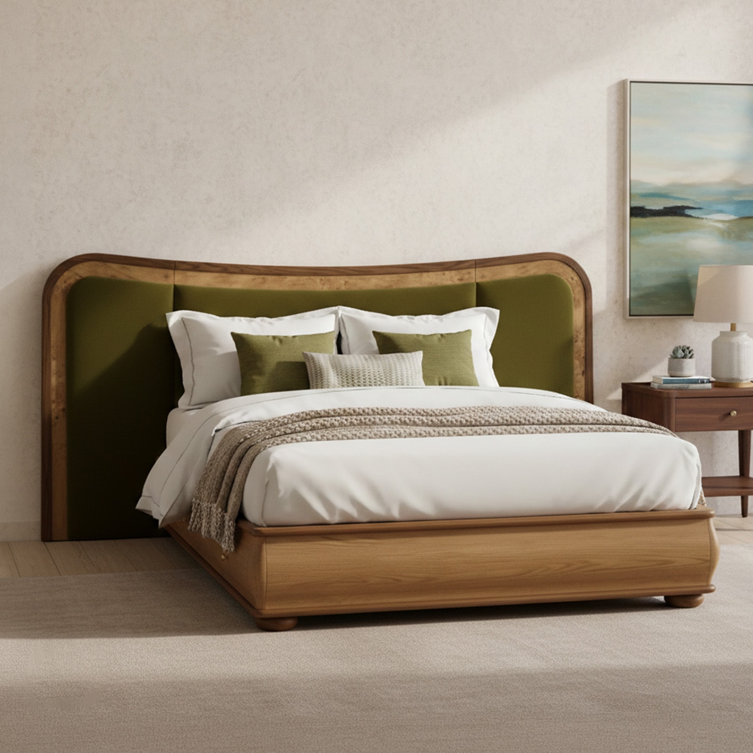 Elowen Softline Queen Size Bed in velvet With Oak wood Frame & Hydraulic Storage - Nestroots