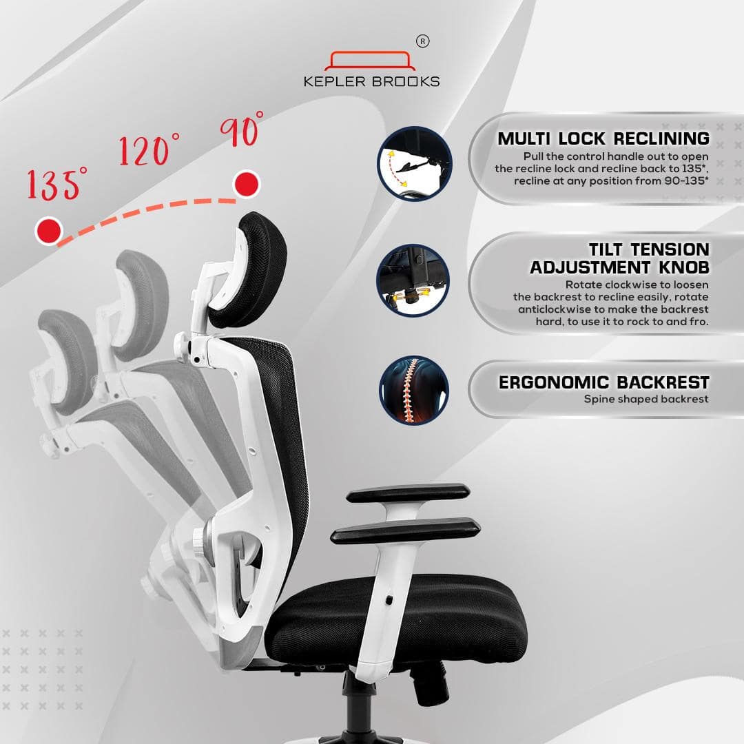 Kepler Brooks High Back Office Chair | 2 Years Warranty | Chair for Office Work at Home, Ergonomic Chair, Diwali Gifts, 2D Adjustable Arms, Headrest & Lumbar Support, Multi Synchro Lock (Zeus, White)