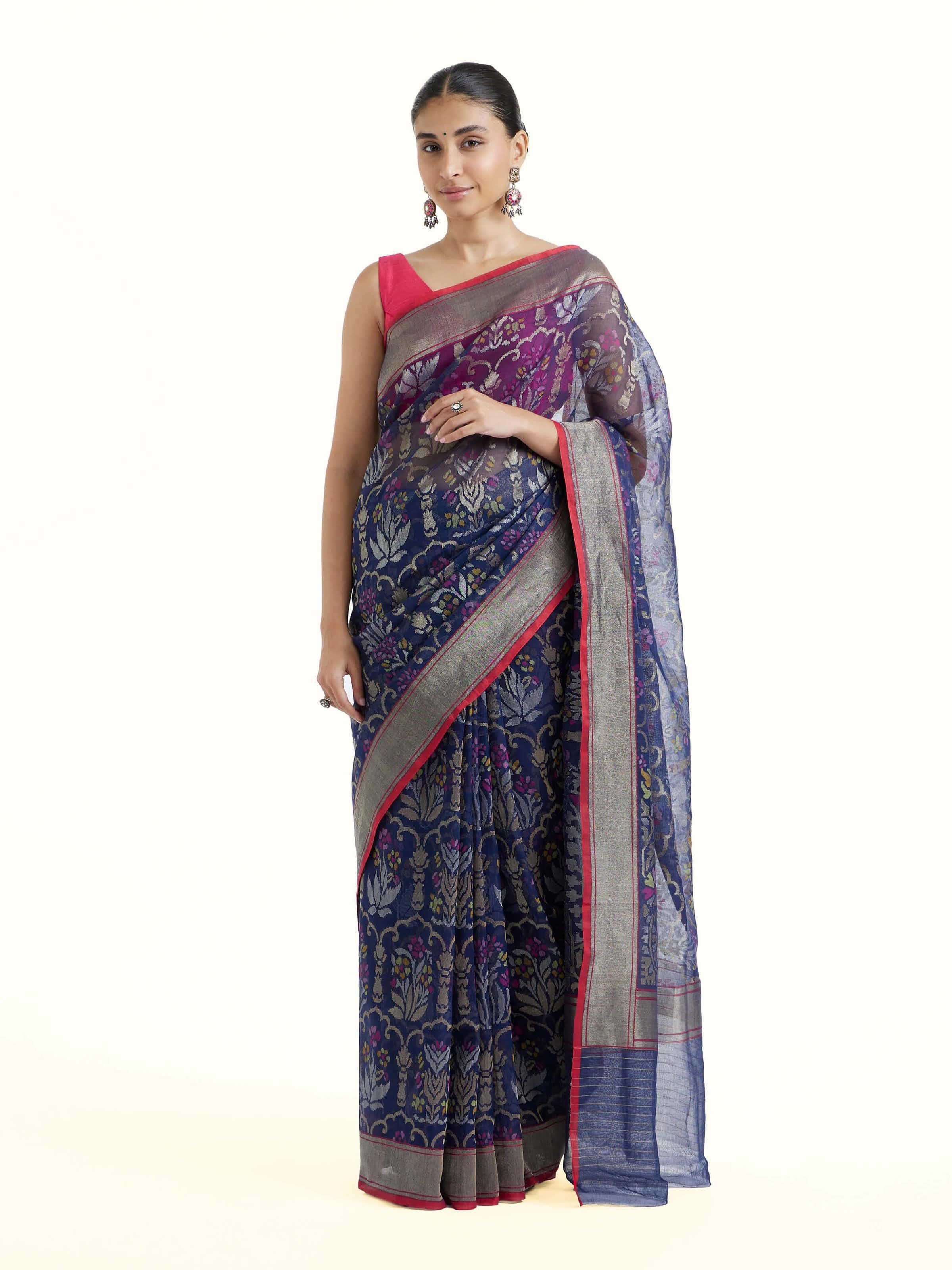 Front view of the Blue Cotton Awadh Jamdani Saree