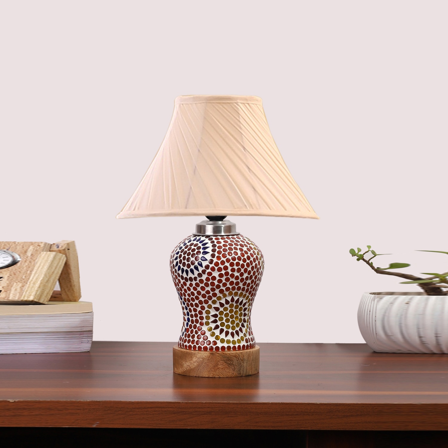 Devansh Off-White Cotton Shade Cross Pleated Lamp With Wood & Mosaic Glass Base For Decoration/Office/Home/Gifting/Study For Decoration/Office/Home/Gifting/Study - Devansh