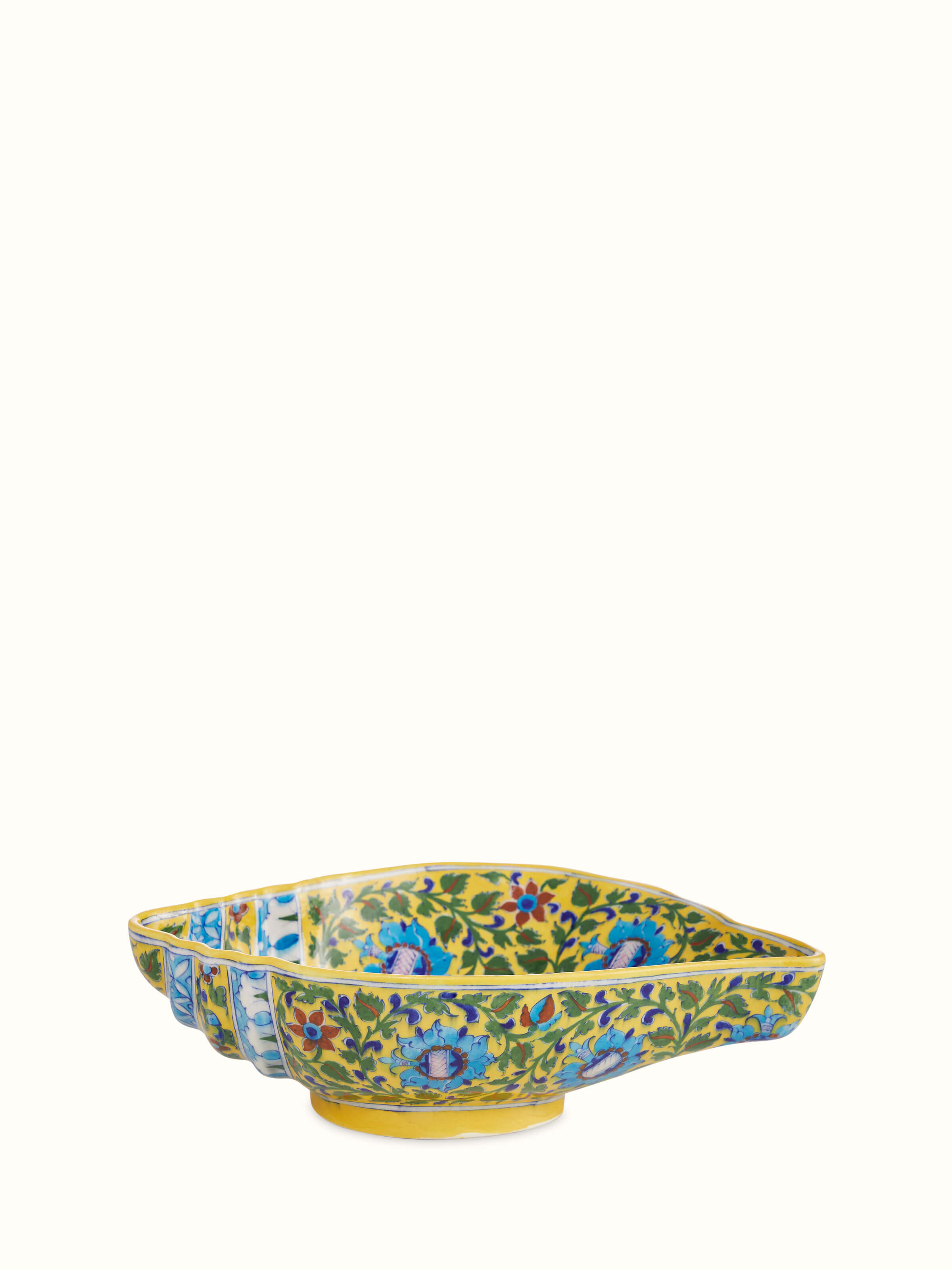 Front view of Blue pottery ceramic blossom shell artpiece multicolor