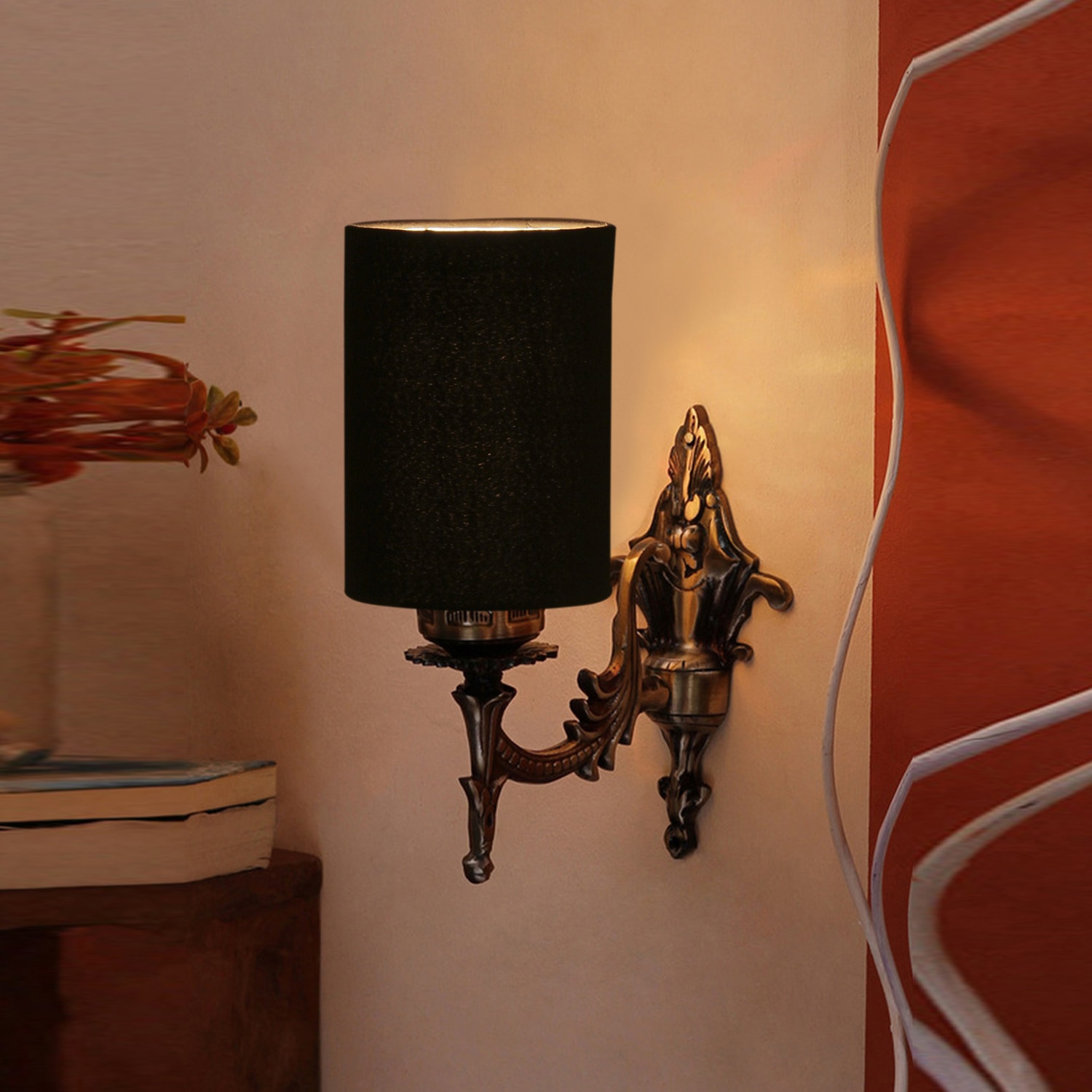 Devansh Metal Electric Wall Light in Antique Gold Colour with Black Shade Count of 1 Light - Devansh