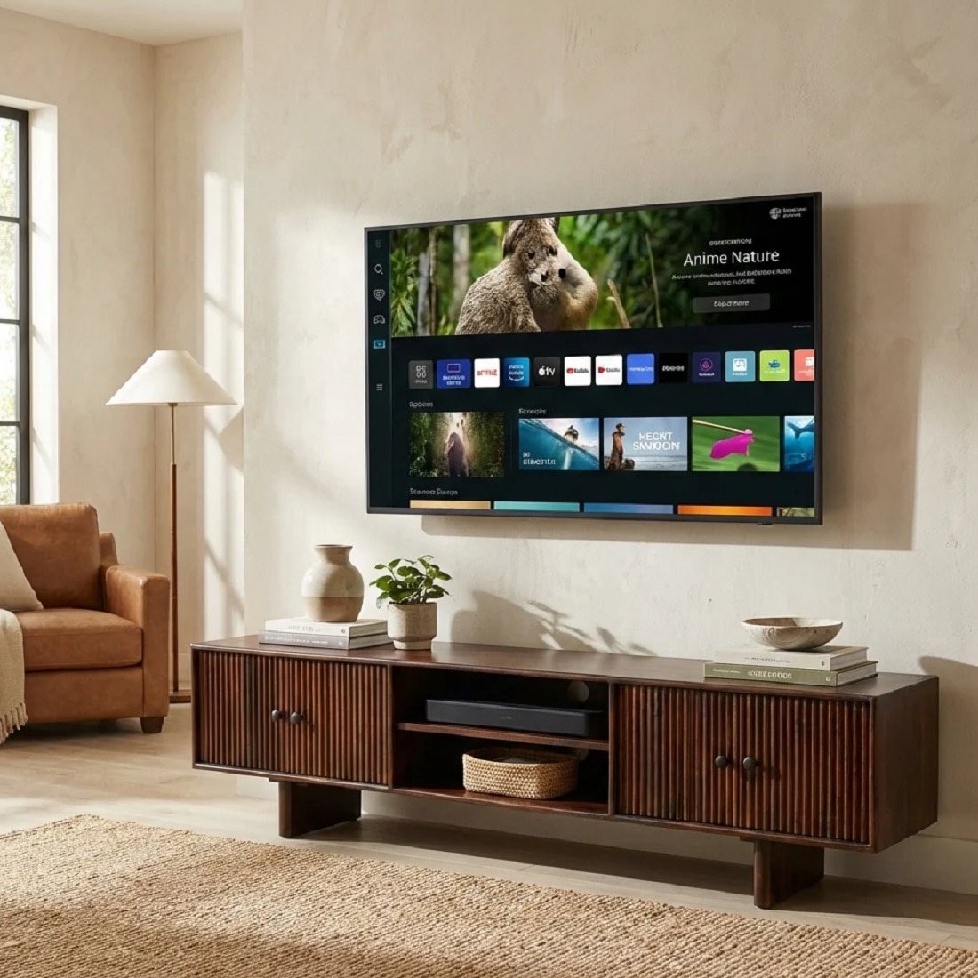 Tivaro Solid Wood TV unit In Rustic Teak Finish - Demiwall