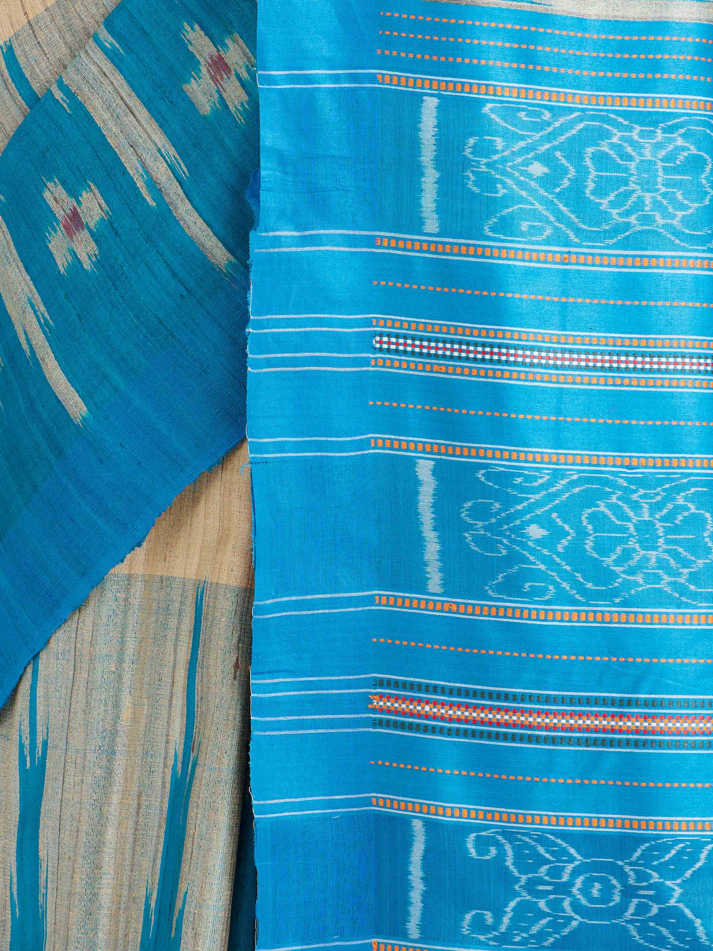 Draped detail view of the Turquoise Tussar Ghicha Silk Bandha Ikat Saree