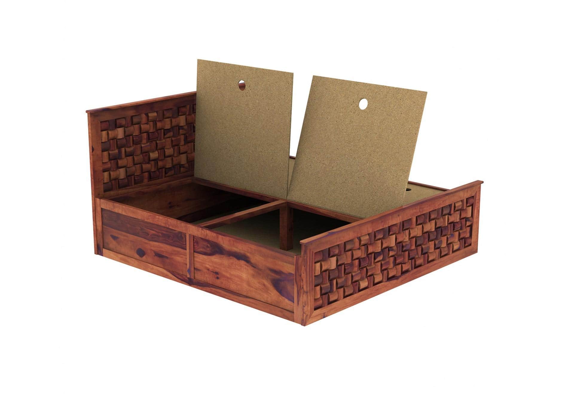 Moglis Solid Wood Queen Size Bed With Box Storage Bed Honey Oak In Finish