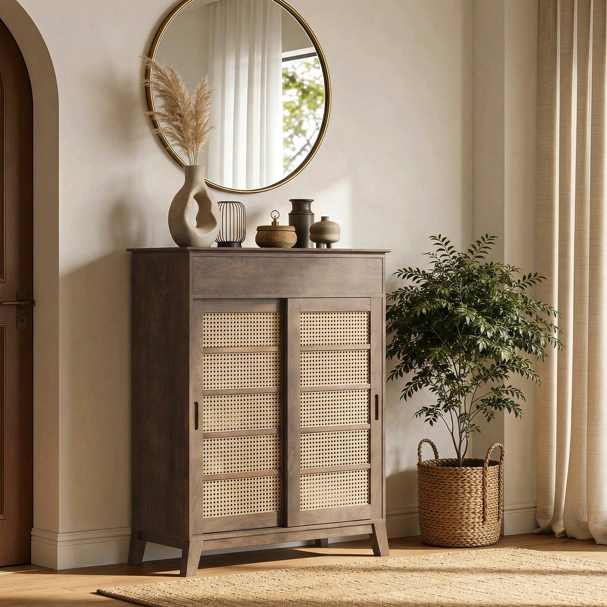 Fujiwara Solidwood and Cane Shoe Cabinet With Drawer In Danish Walnut Finish-image-34
