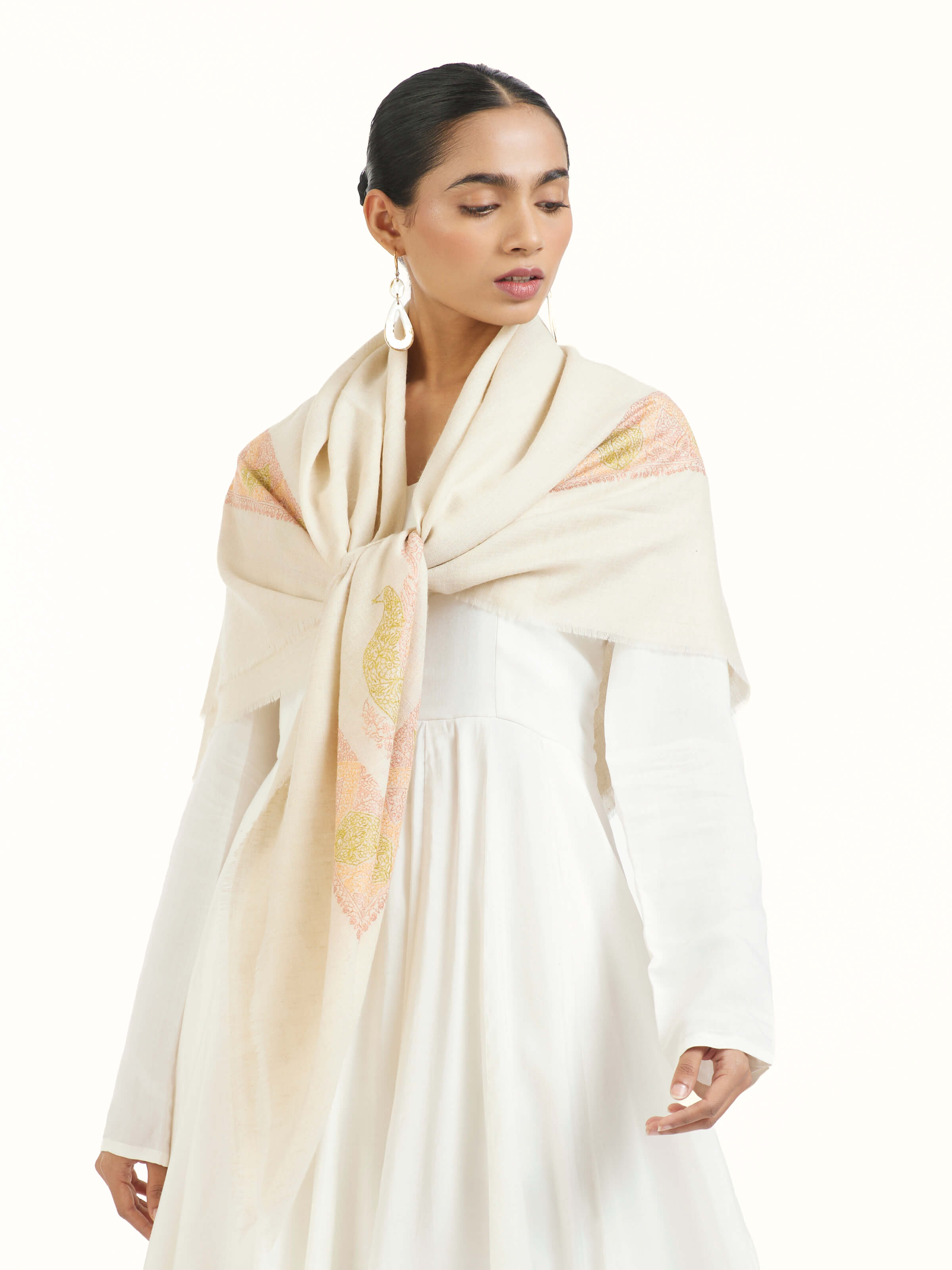 Cream Sozni Hand Embroidered Scarf