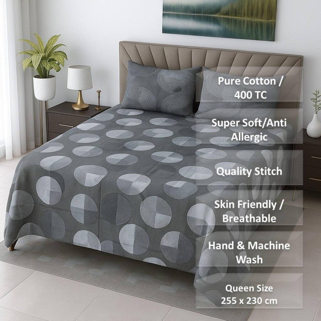 Multicolor Geometric 400 TC Cotton Flat Queen Size Bedsheet With 2 Pillow Covers From Threads