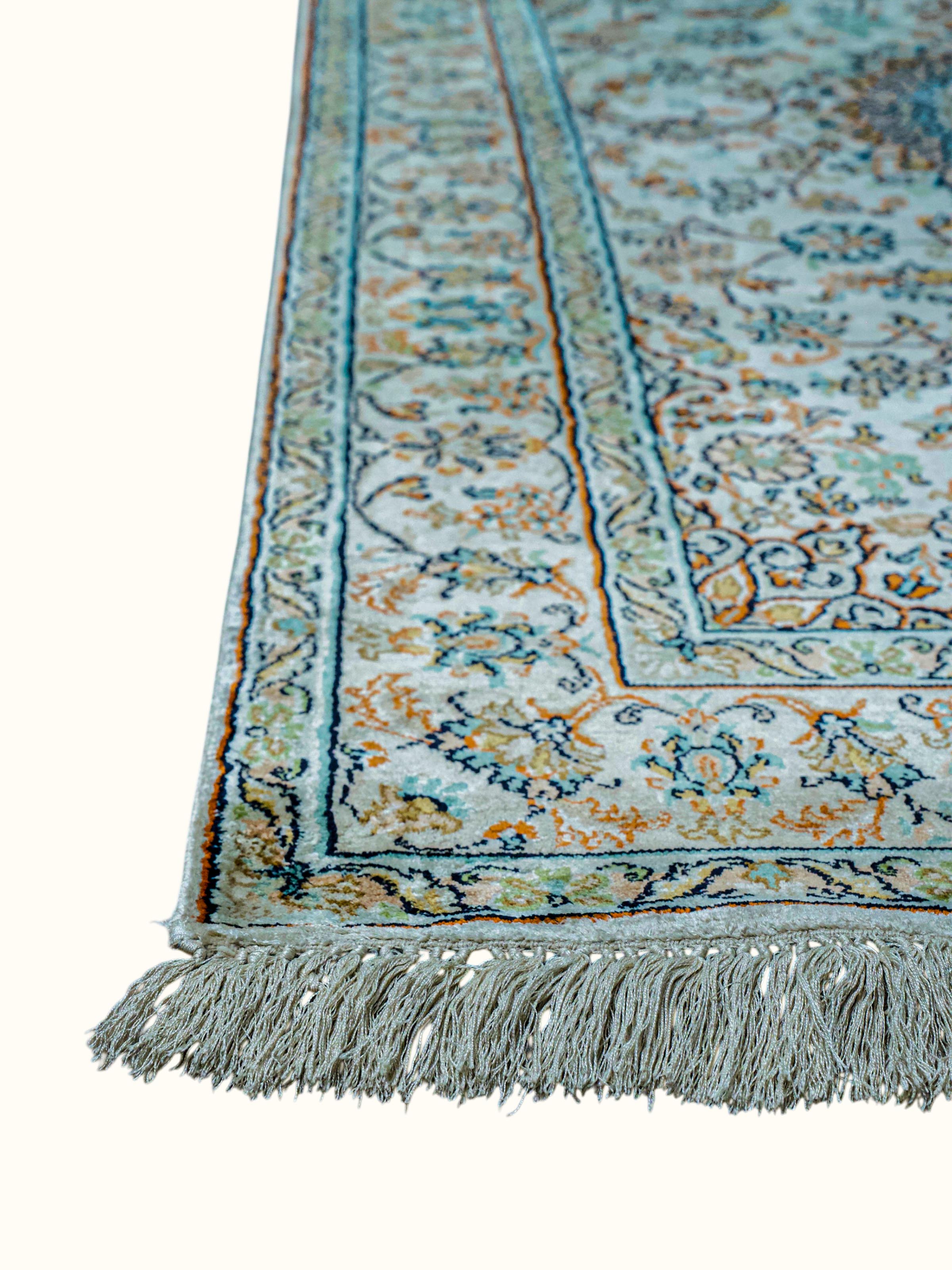 Traditional Persian Beige Kashan Kashmir Silk Hand-Knotted Carpet