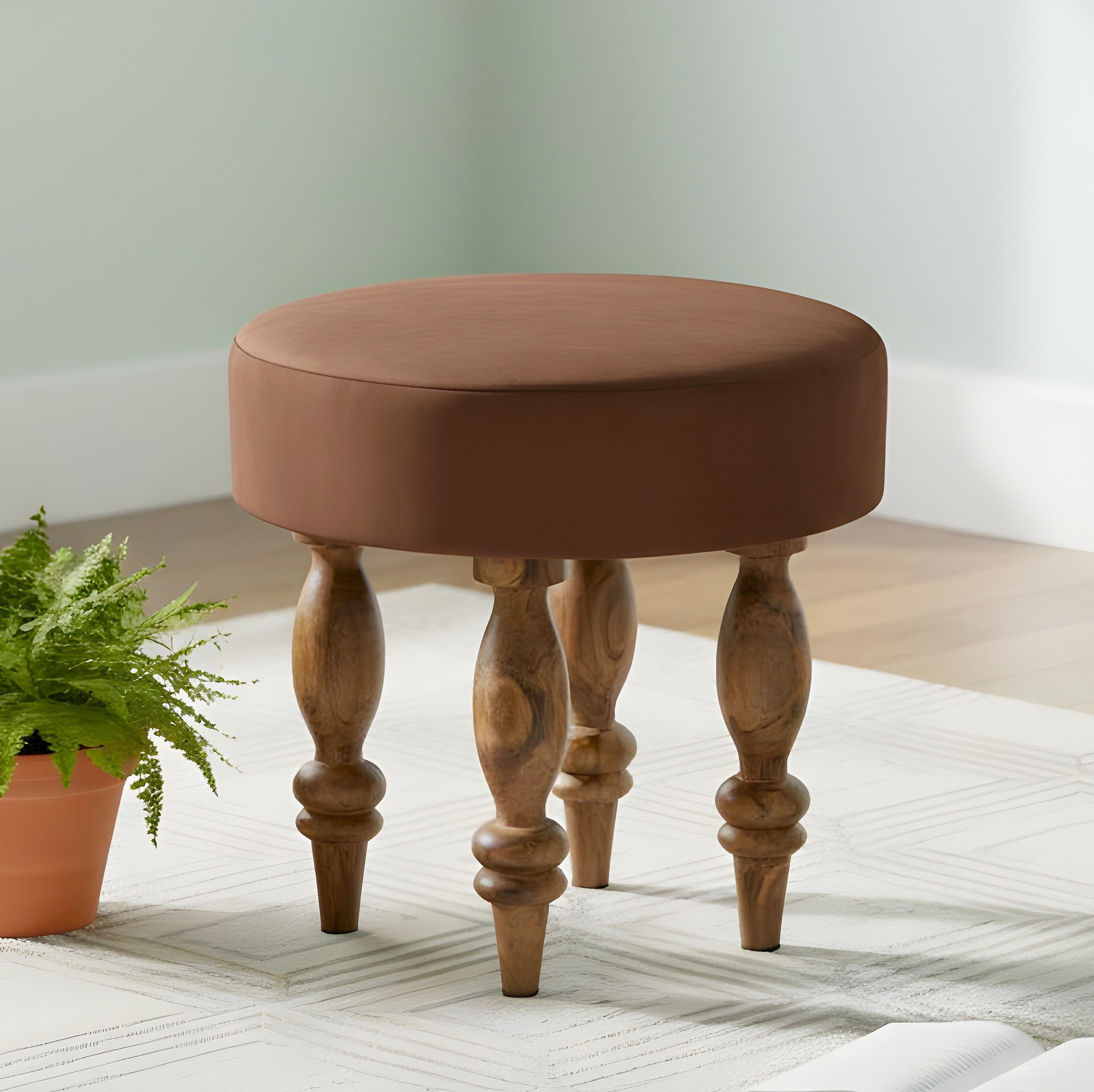 Roswell Sheesham Wood   Round Stool in Taupe Brown Velvet Upholstery - Ikiriya