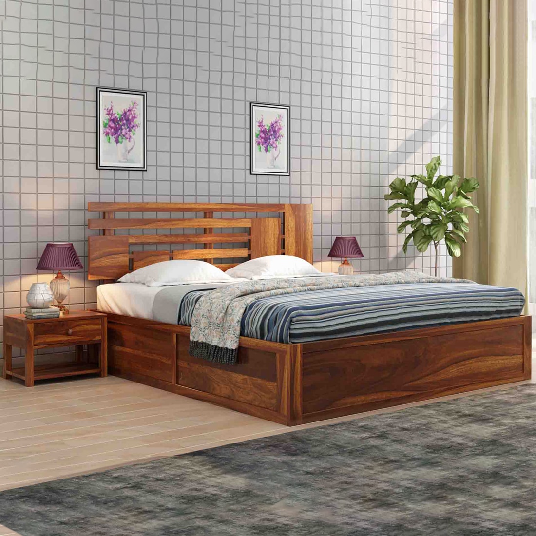 Perper Solid Wood King  Size Upholstered Bed Without Storage (Teak Finish) - Woodenmood