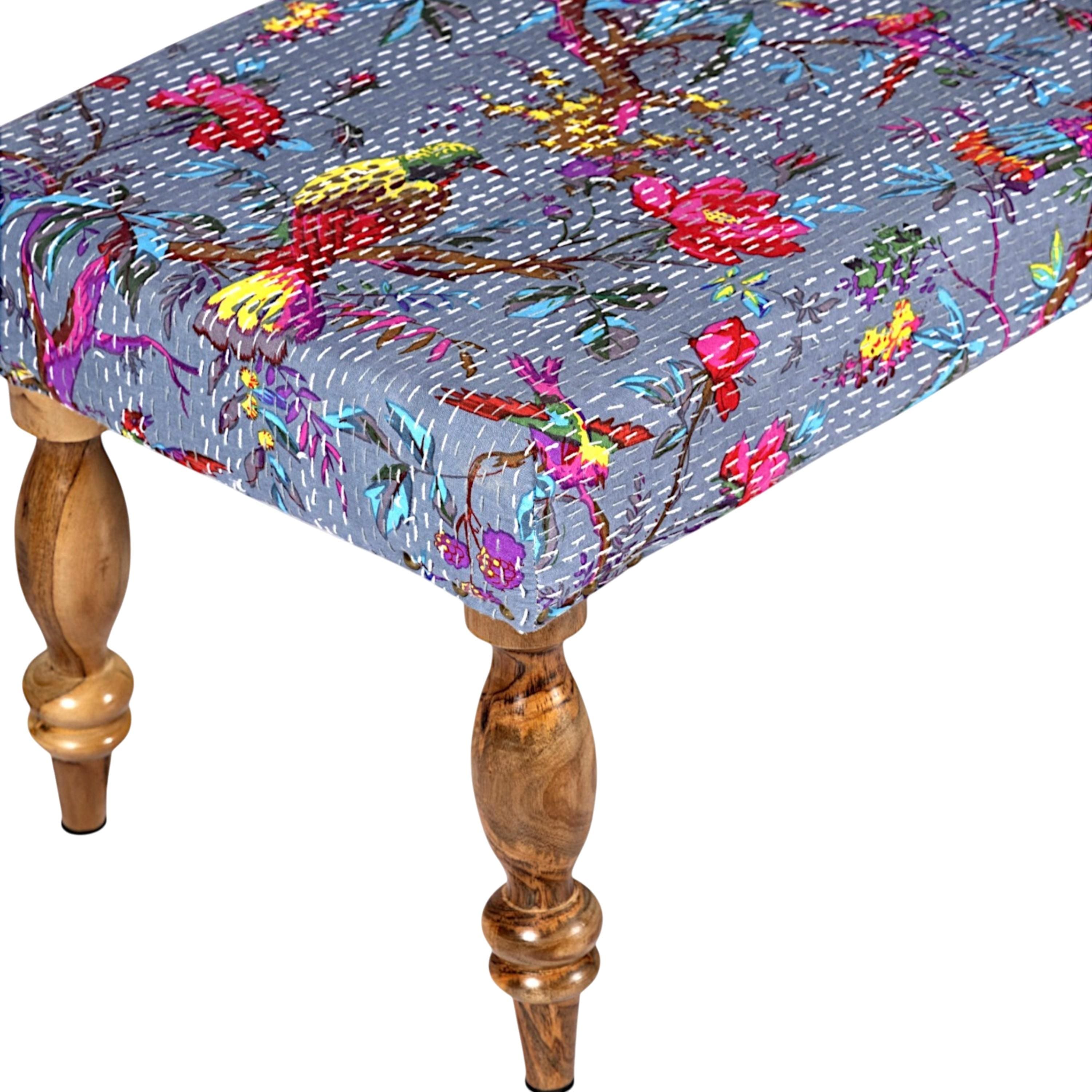 Cairo Solid Wood 2 Seater Bench In Bird Print Grey Kantha Fabric