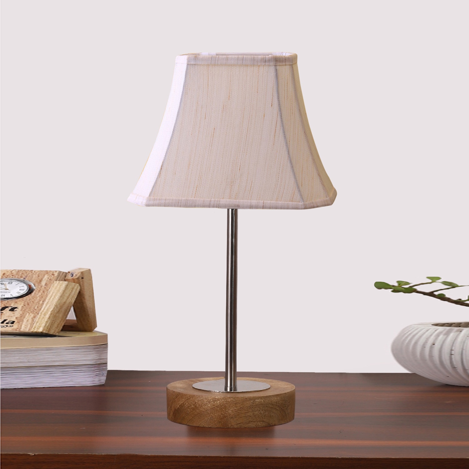 Devansh Off-White Cotton Vintage Curtain Pleated   Lamp With Natural  Wood Base  & Steel Pipe  (12X17.75) - Devansh
