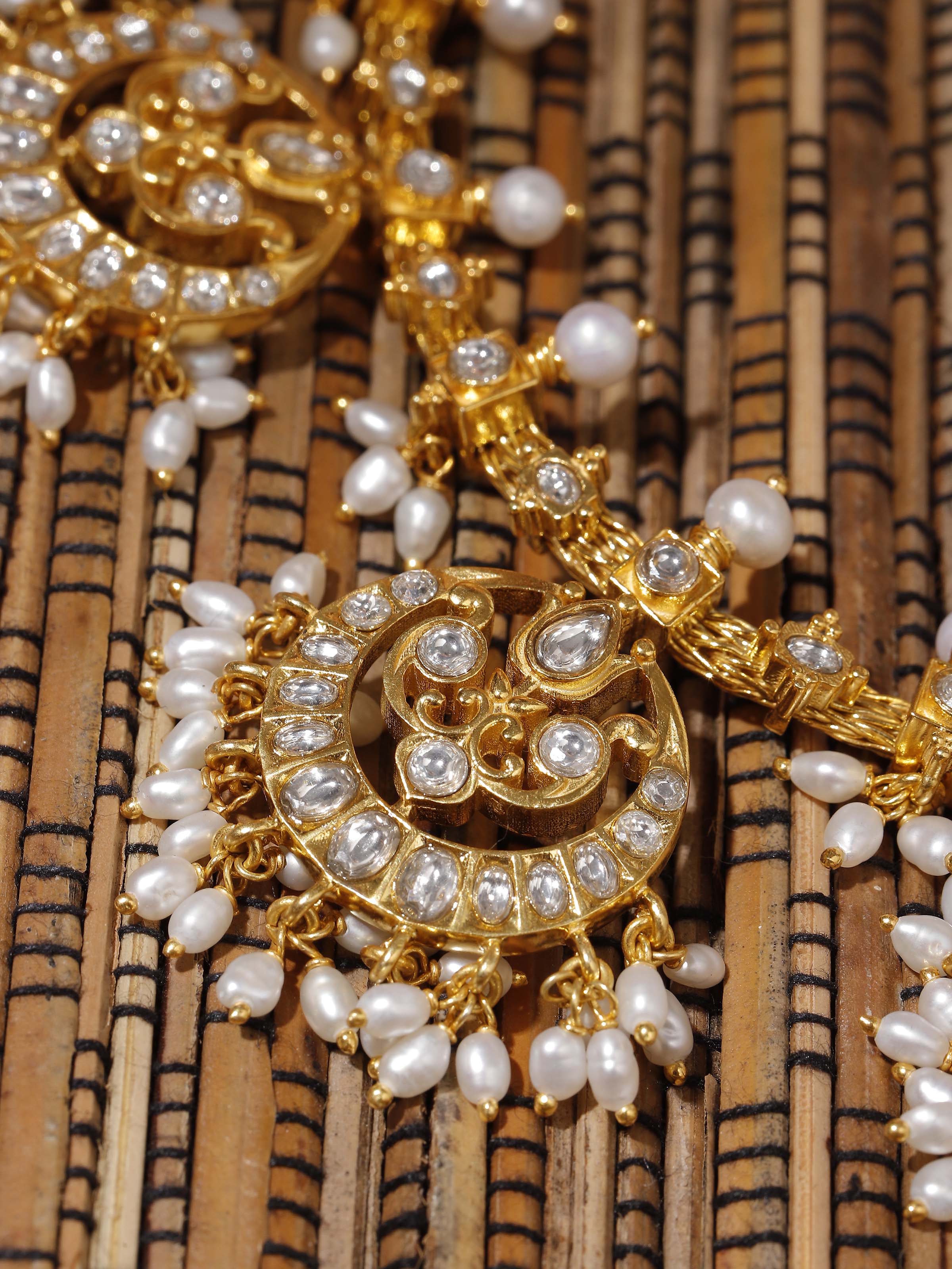 Detail shot of Guttapusalu Silver Choker focusing on handcrafted silverwork and pearls.