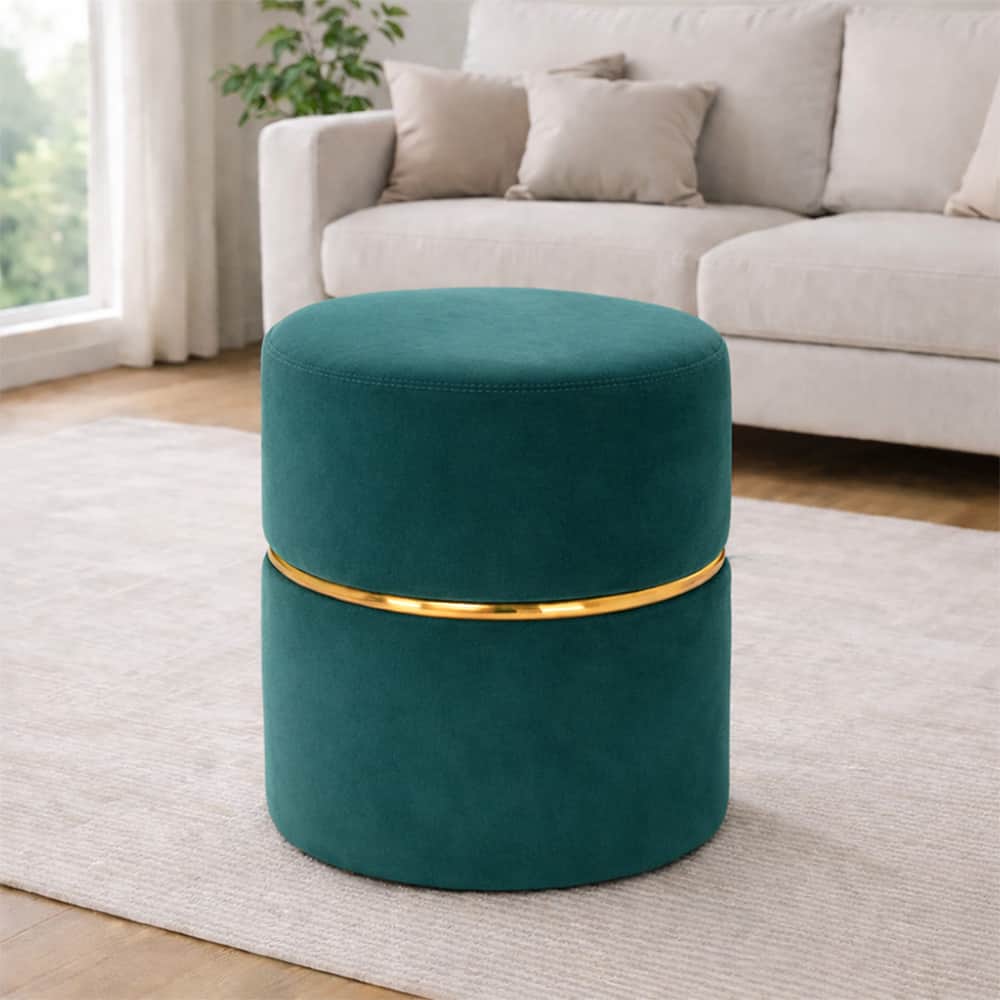 Doe Buck Gracy Velvet Round Ottoman in Teal Colour with Gold Band - Doe Buck