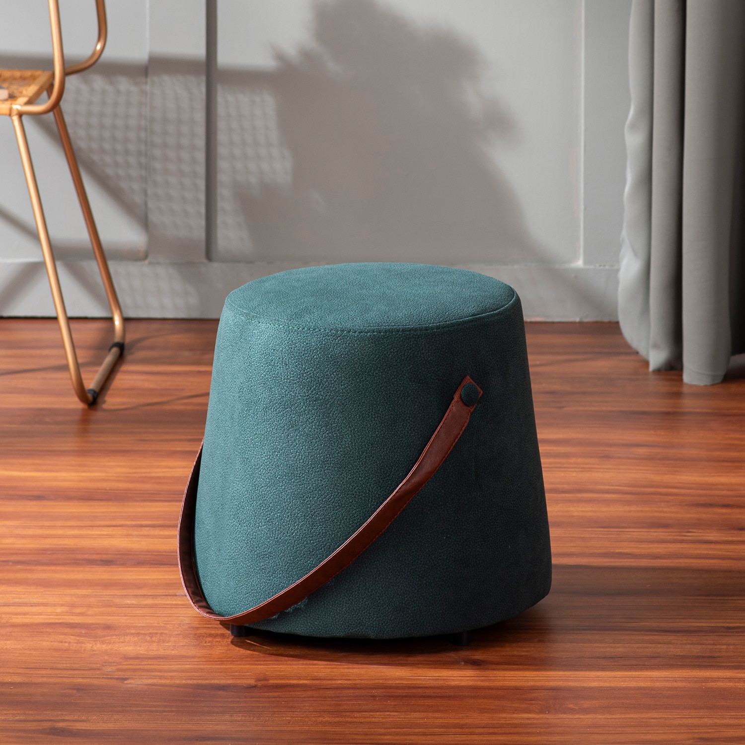 Hoist Collection Pouf With Faux Leather Strap in Green Color | Nestroots - Nestroots