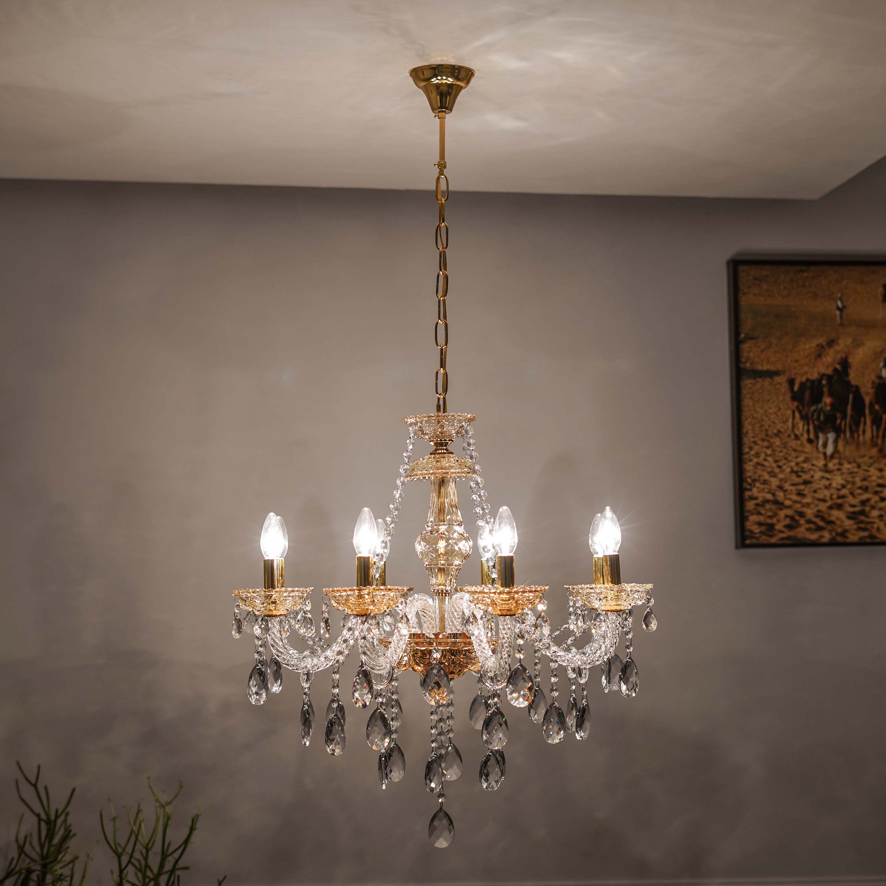 Vela 8 Arm Ceiling Chandelier In Brass  & Clear Finish With Glass Crystal Drops & Trim