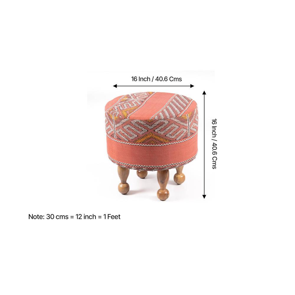 Louisville Acacia Wood Parisian Round Set of 2 Pouf Stools in Red Jacquard