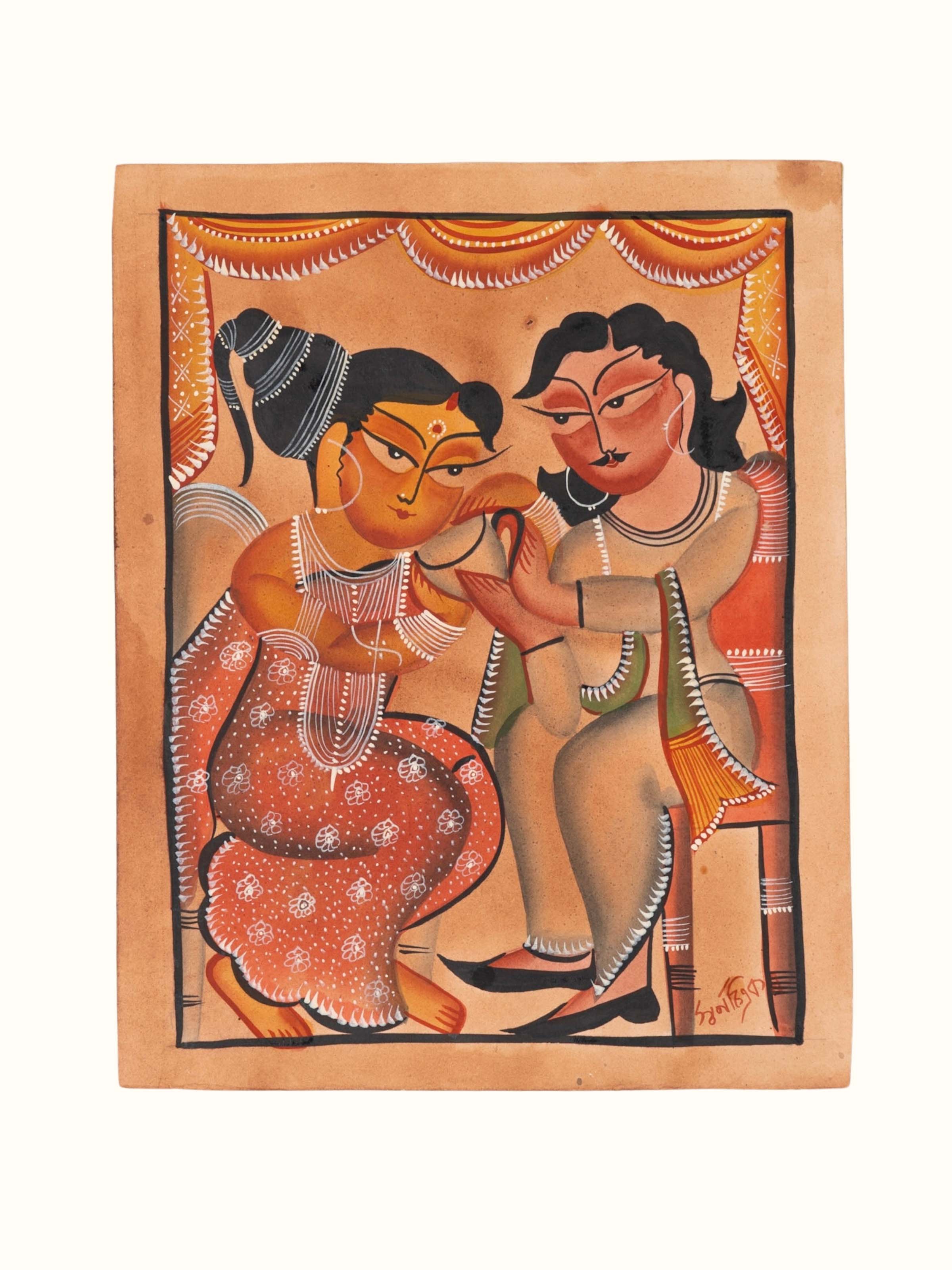 Kalighat humans painting in traditional Bengali folk art style – front view