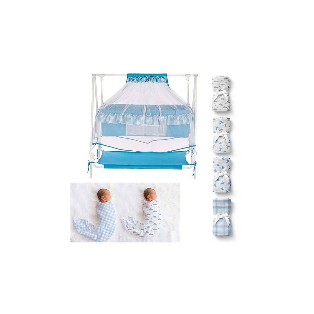 Ares Stainless Steel Baby Cradle with Mosquito Net - Clouds & Checks Clouds &Checks