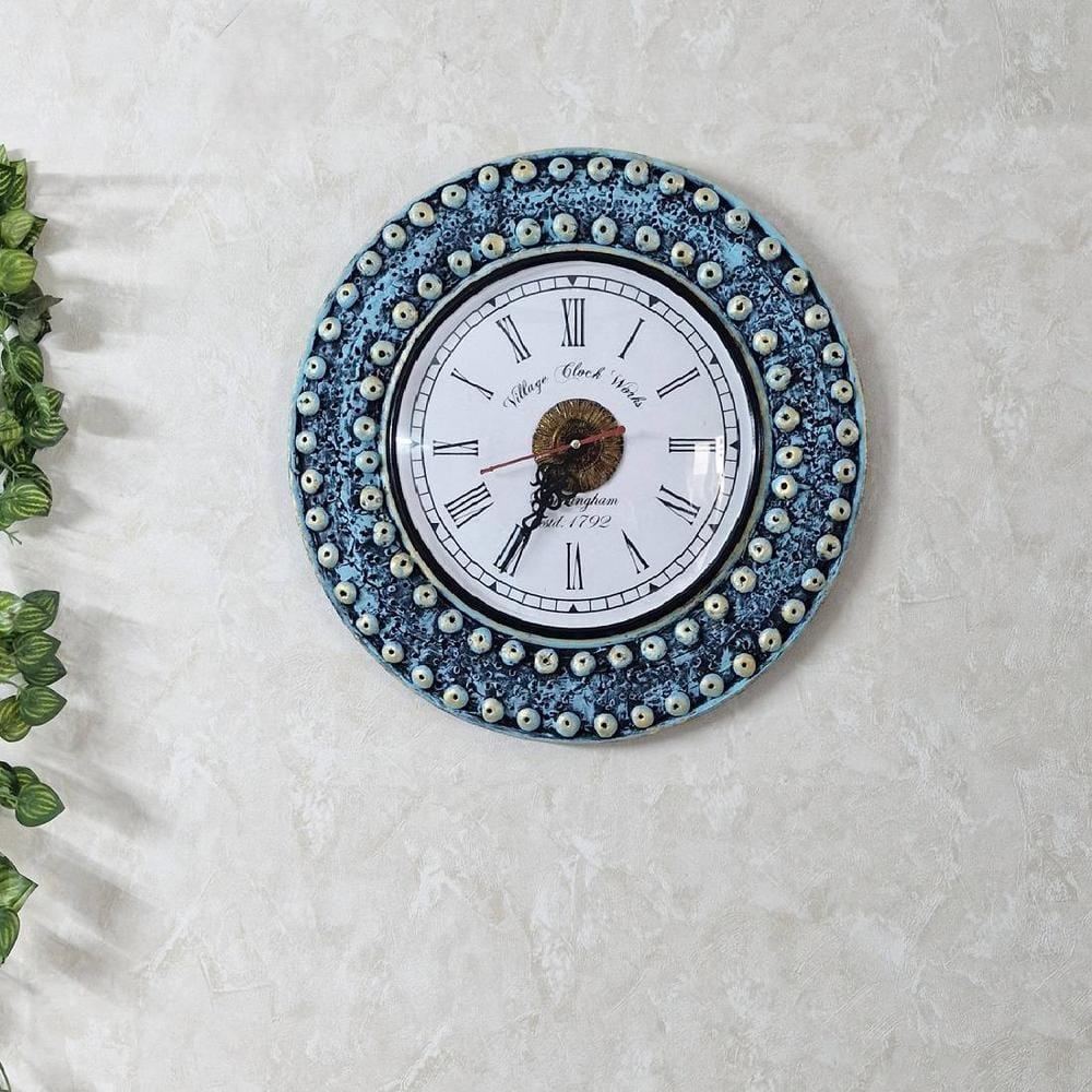Lenoire Teal Colour Engineered Wood Distress Finish with Marble rings wall Clock by Disoo Fashions