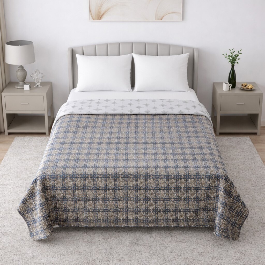 Sana White & Green Floral Cotton Dohar Double Bed Reversible 350 Tc Size 240 X 220 Cms