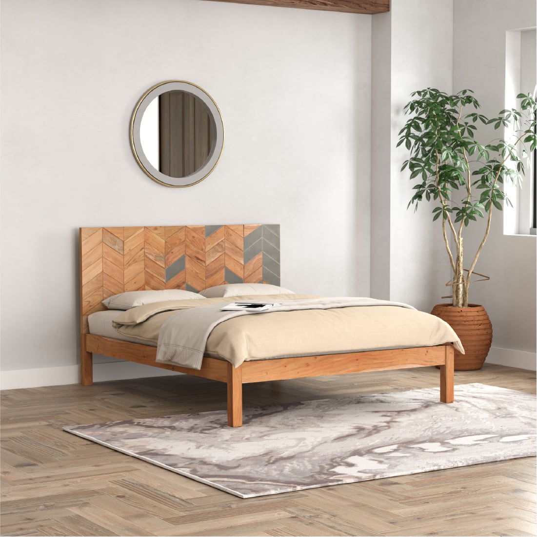 Mazi Solid Wood Queen Non Storage Bed in Grey Colour - Orange Tree