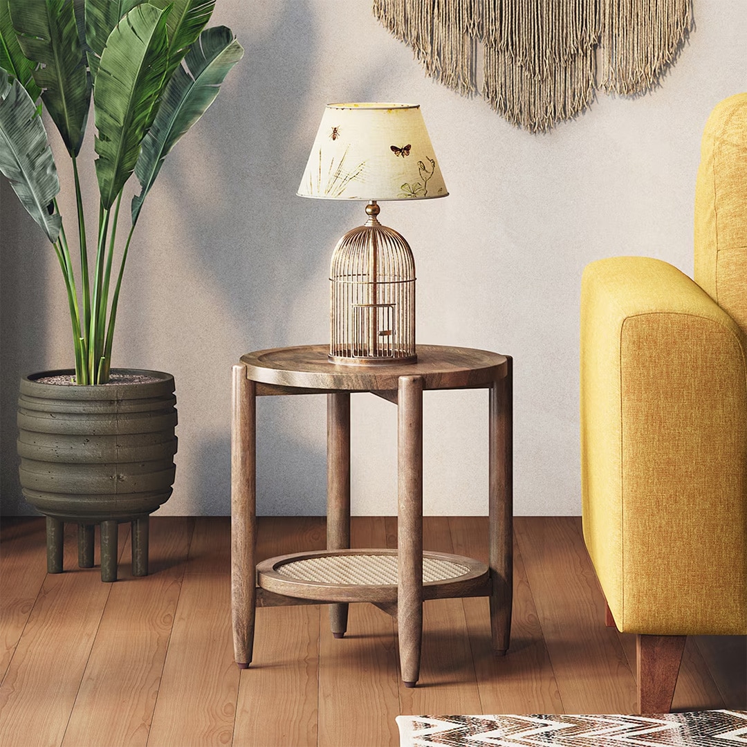 Tora Solid Wood and Cane with Glass Side Table In Danish Walnut Finish - Urban Ladder