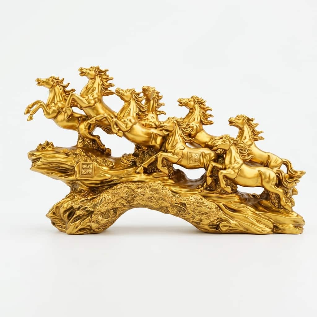 Seven Horse Royal Gallop Horse Sculpture in Gold Colour - Vedas