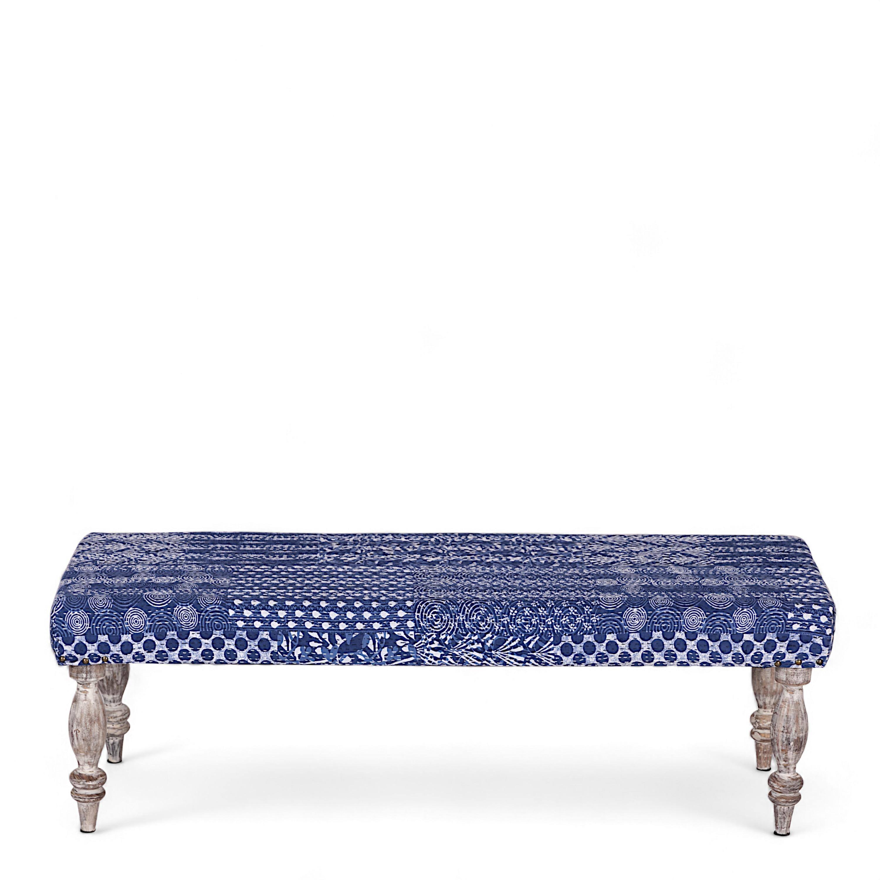 Cairo Sheesham Wood Mid Century 3+1+1 Seater Bench Set With 2 Stools In Indigo Patchwork Kantha