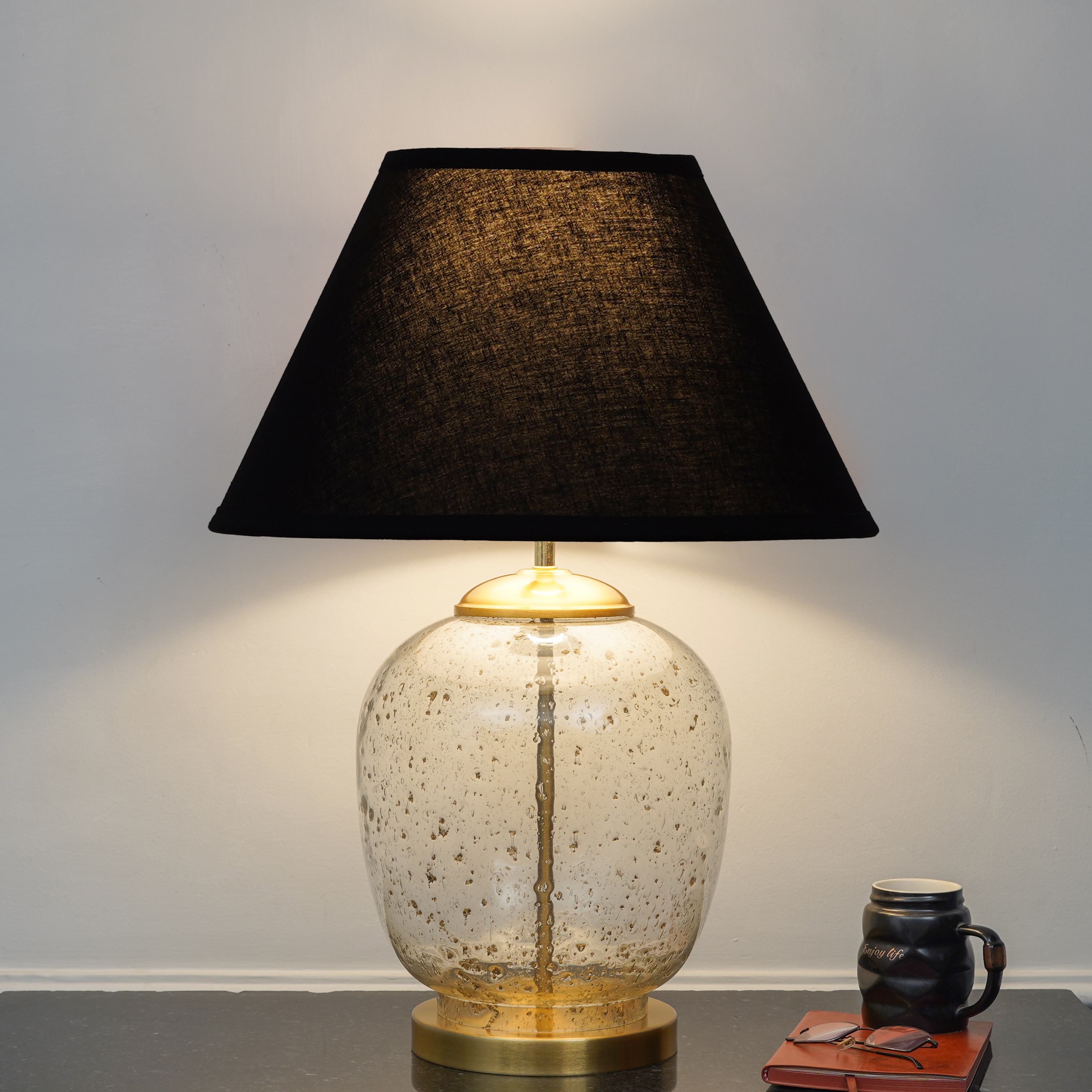 SECRET Water Droplets On Glass and Brass Finish Metal Large  Table Lamp With Black Cotton Shade