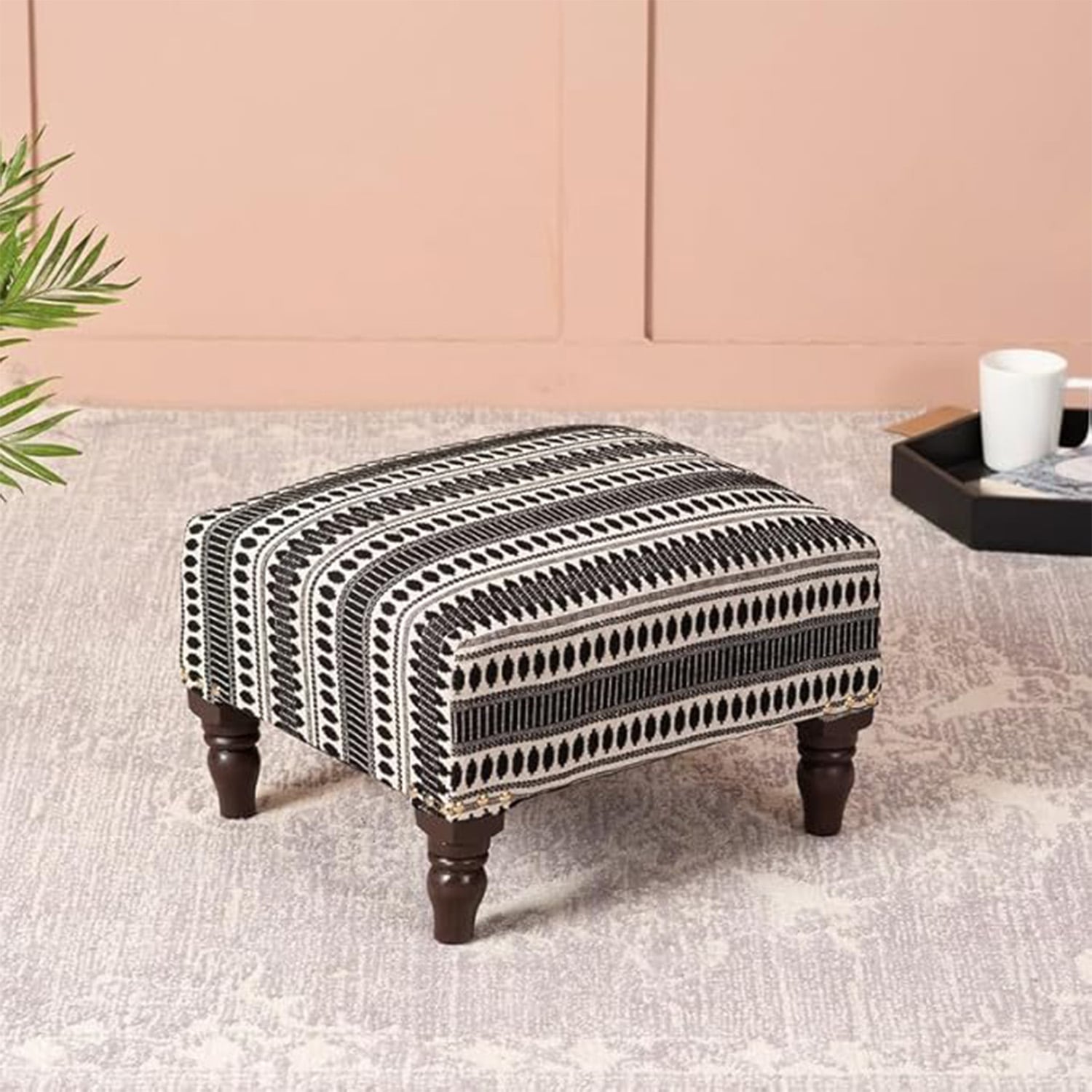 Bohemian Jacquard Wooden Footrests in Black & White Color - Nestroots
