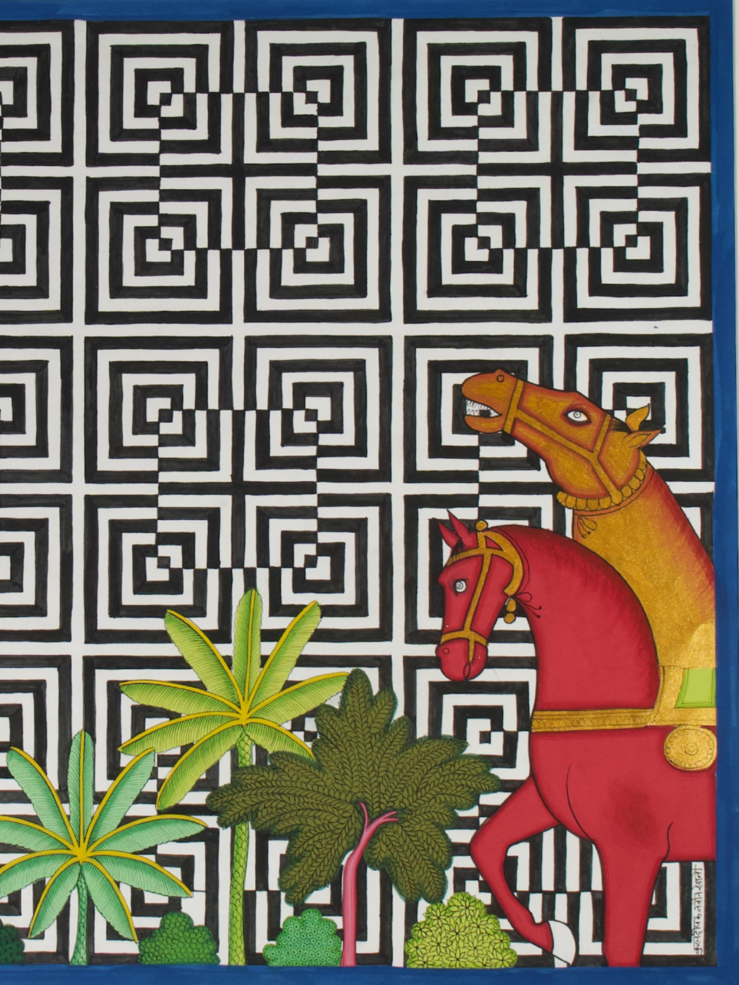 Horses Pair Geometric Illusion Pichwai Painting