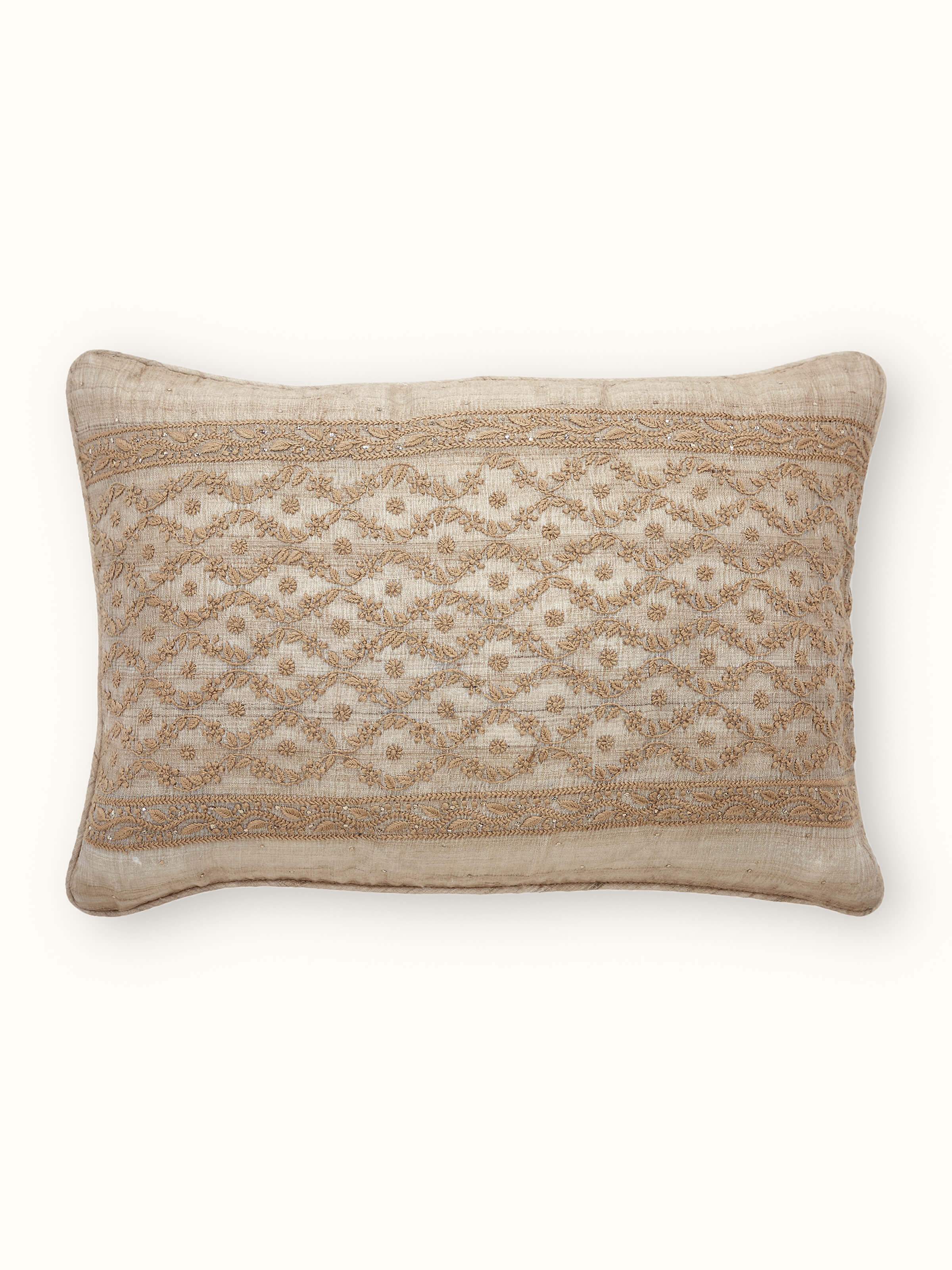 Pragya Beige Ogee Tussar Silk Chikankari Hand Embroidered Cushion Cover