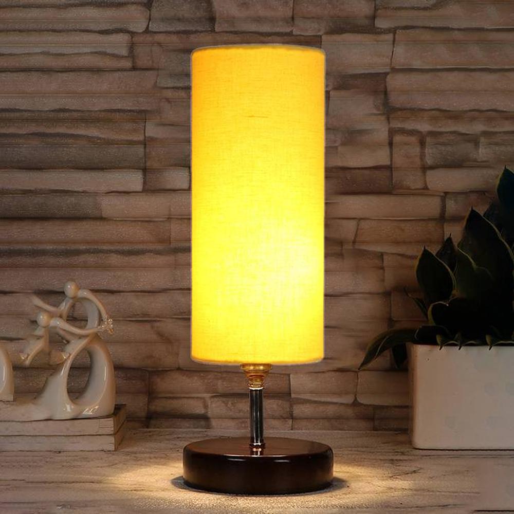Wesley Yellow cotton table lamp with brown wood base - Devansh