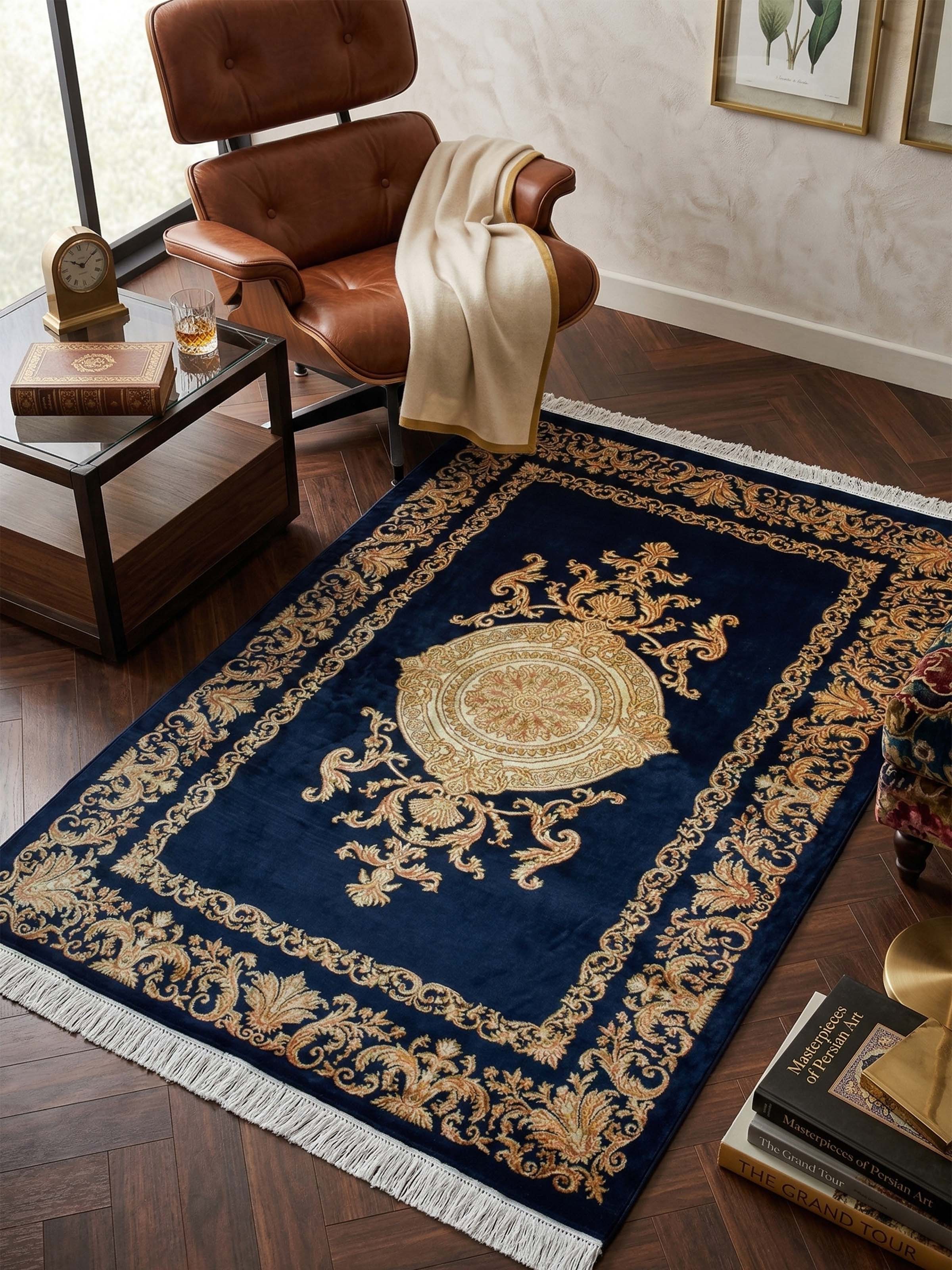 Traditional Persian Navy Opan Kashmir Silk Hand-Knotted Carpet