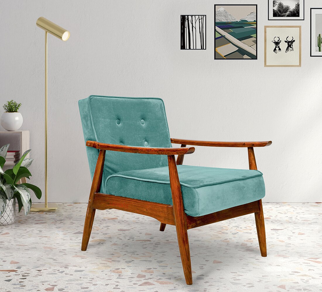 Armari Solid Wood Arm Chair in Sea Green Color