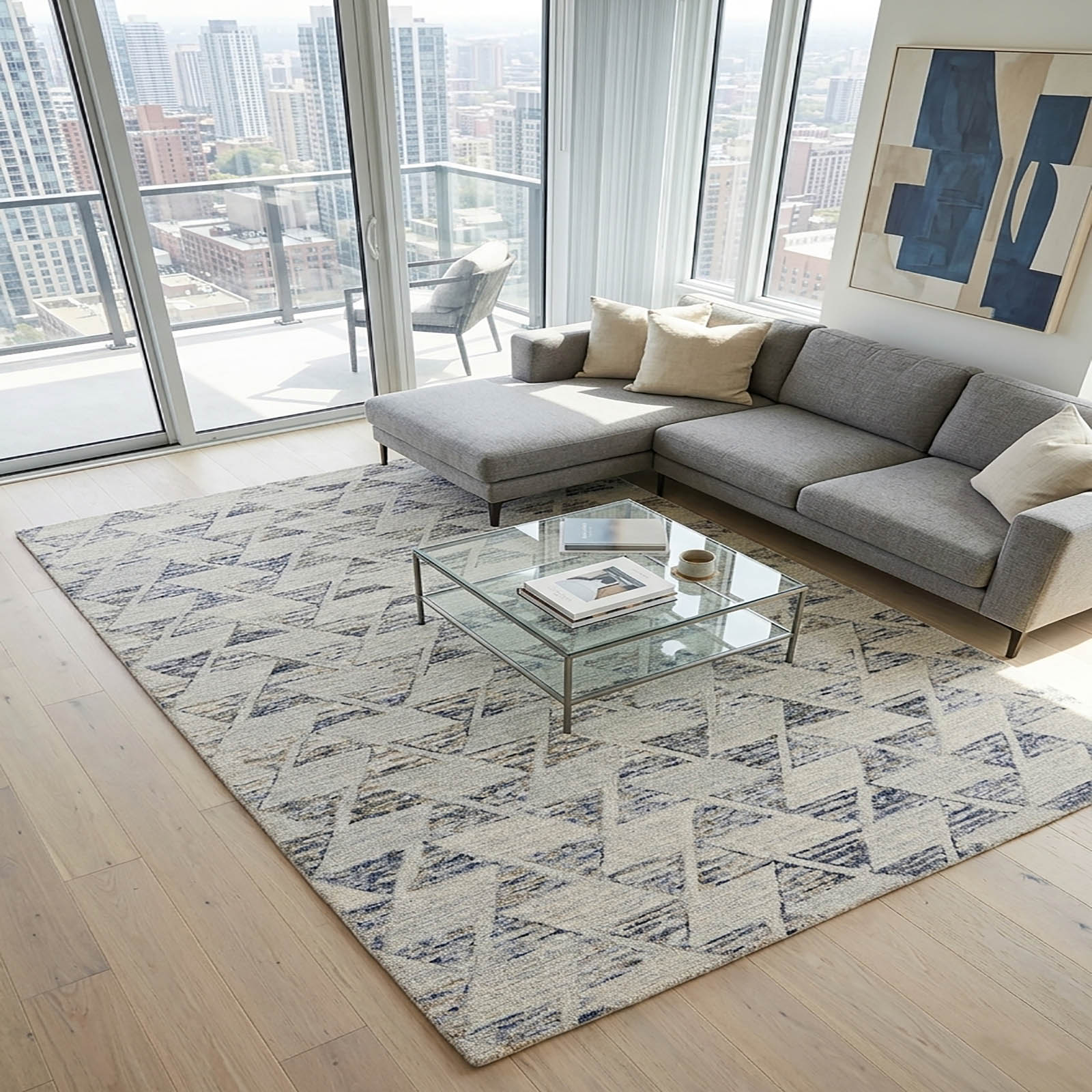 Modern Geometric Chevron Area Rug Blue Gray 62 x 90 - The Woven Legacy