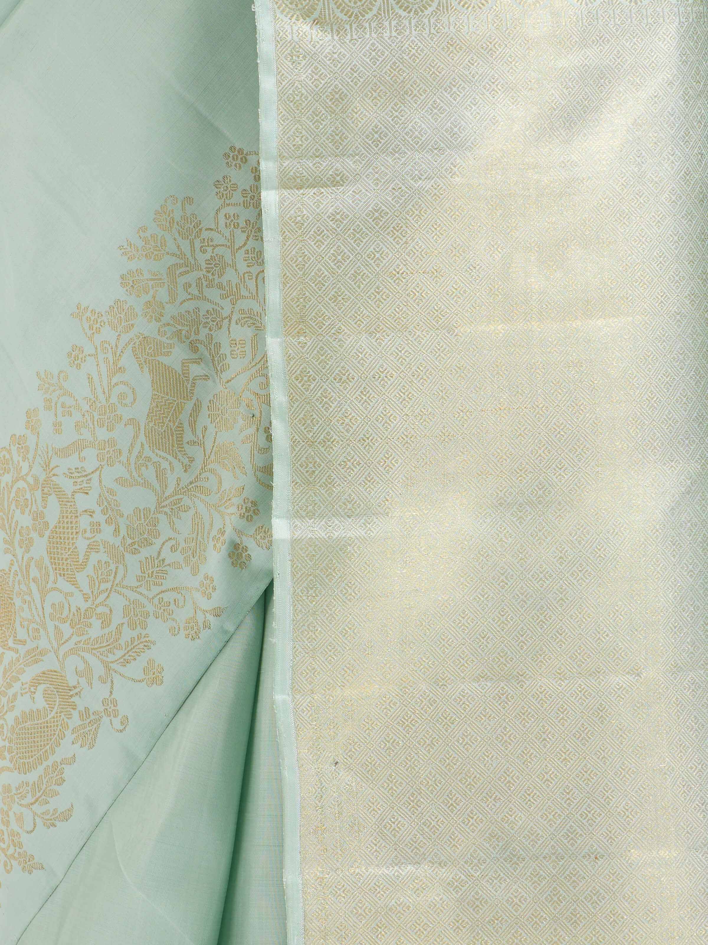 Detail view of blue silk Kancheepuram saree showcasing zari craftsmanship