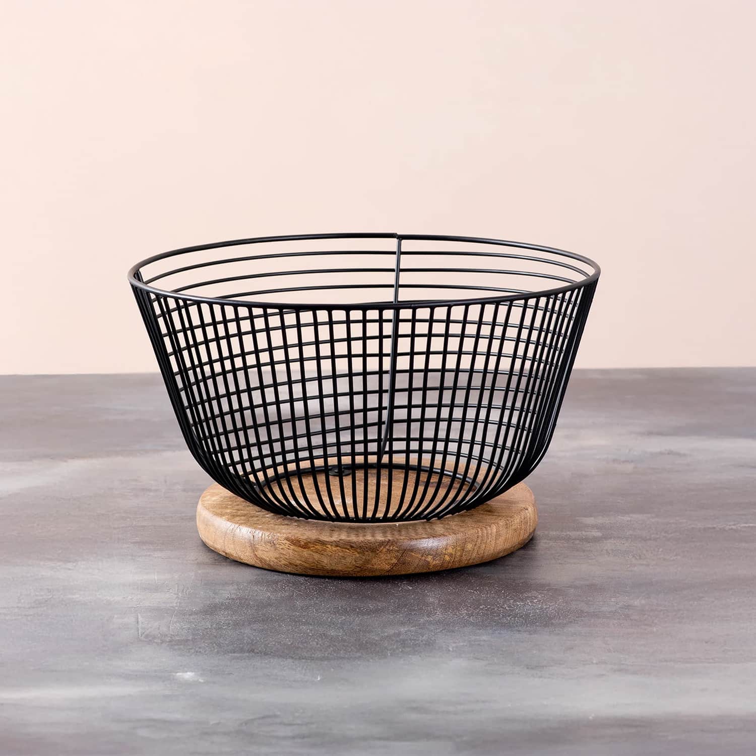 Cache Wire Basket With Wooden Base Black
