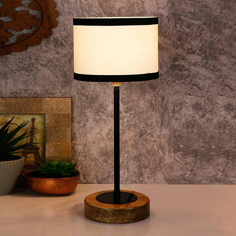 Bishop Multicolour Fabric Shade Table Lamp with Natural Wood & Iron Base