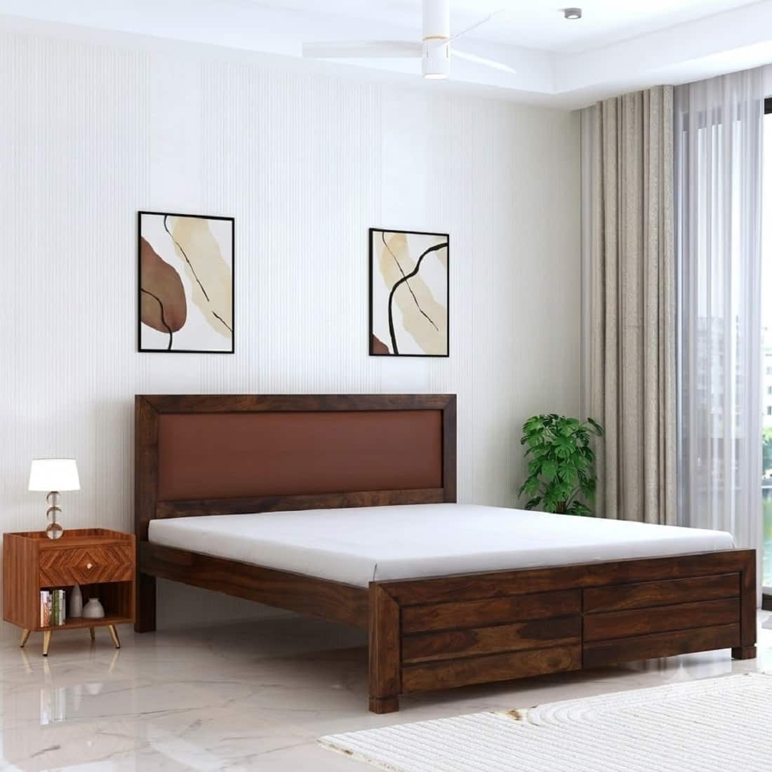 Dhunja Solid Sheesham Wood King Size Upholstered Bed In Provincial Teak Finish - Demiwall