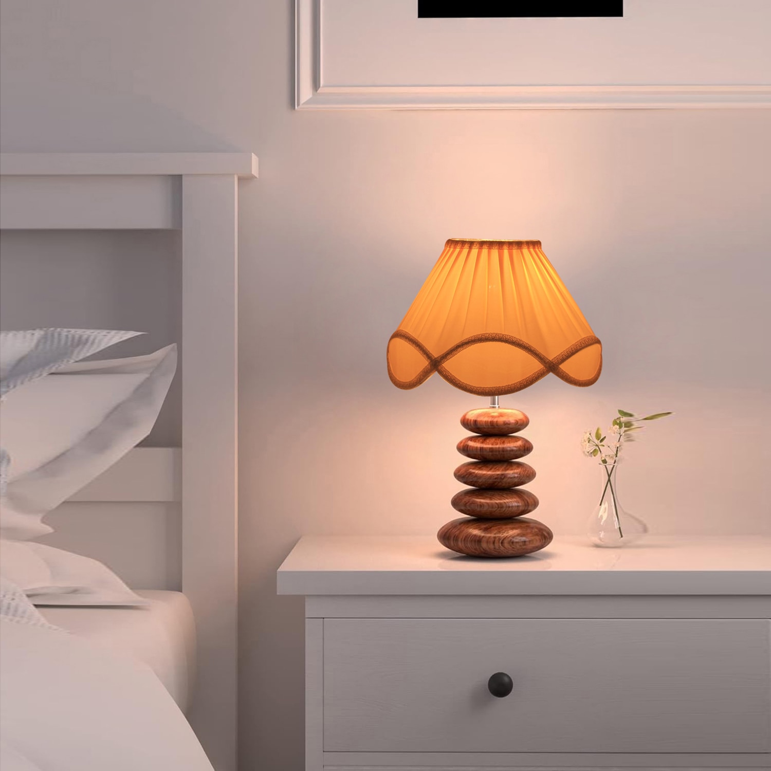 Devansh Off-White Vintage Cotton Table Lamp With Wood Pebble Lamp (12X12X16.5) Inches -C-picture-13