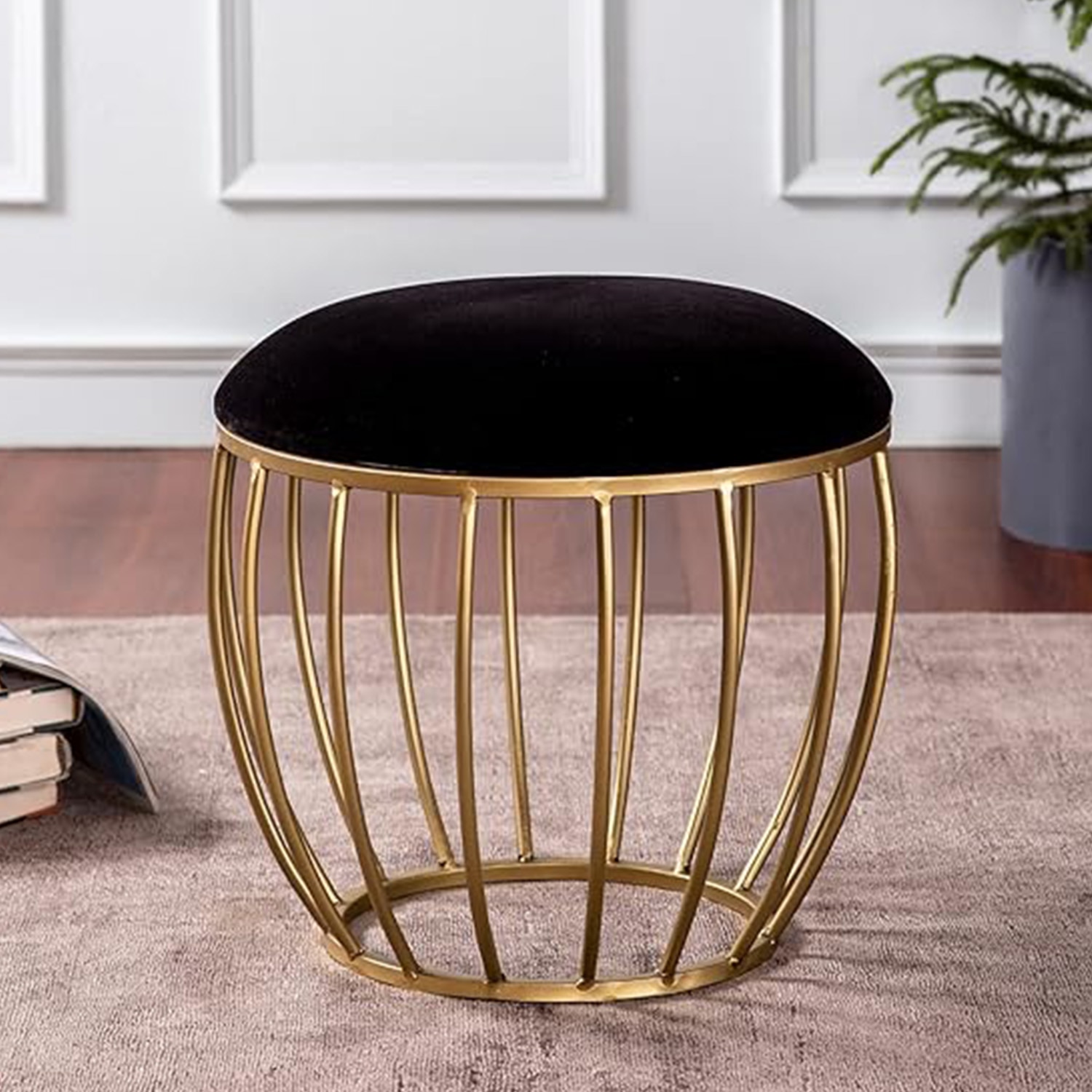 Classic Velvet Cage Metallic Stool in Black Color - Nestroots
