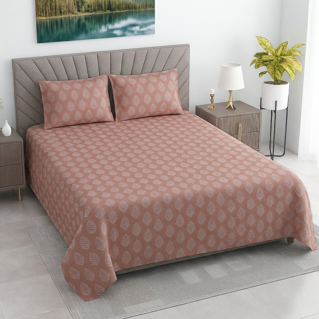 Jiya Orange Shade Floral 400 TC Cotton Flat Double Queen Size Bedsheet with 2 Pillow Covers – Threads - Threads