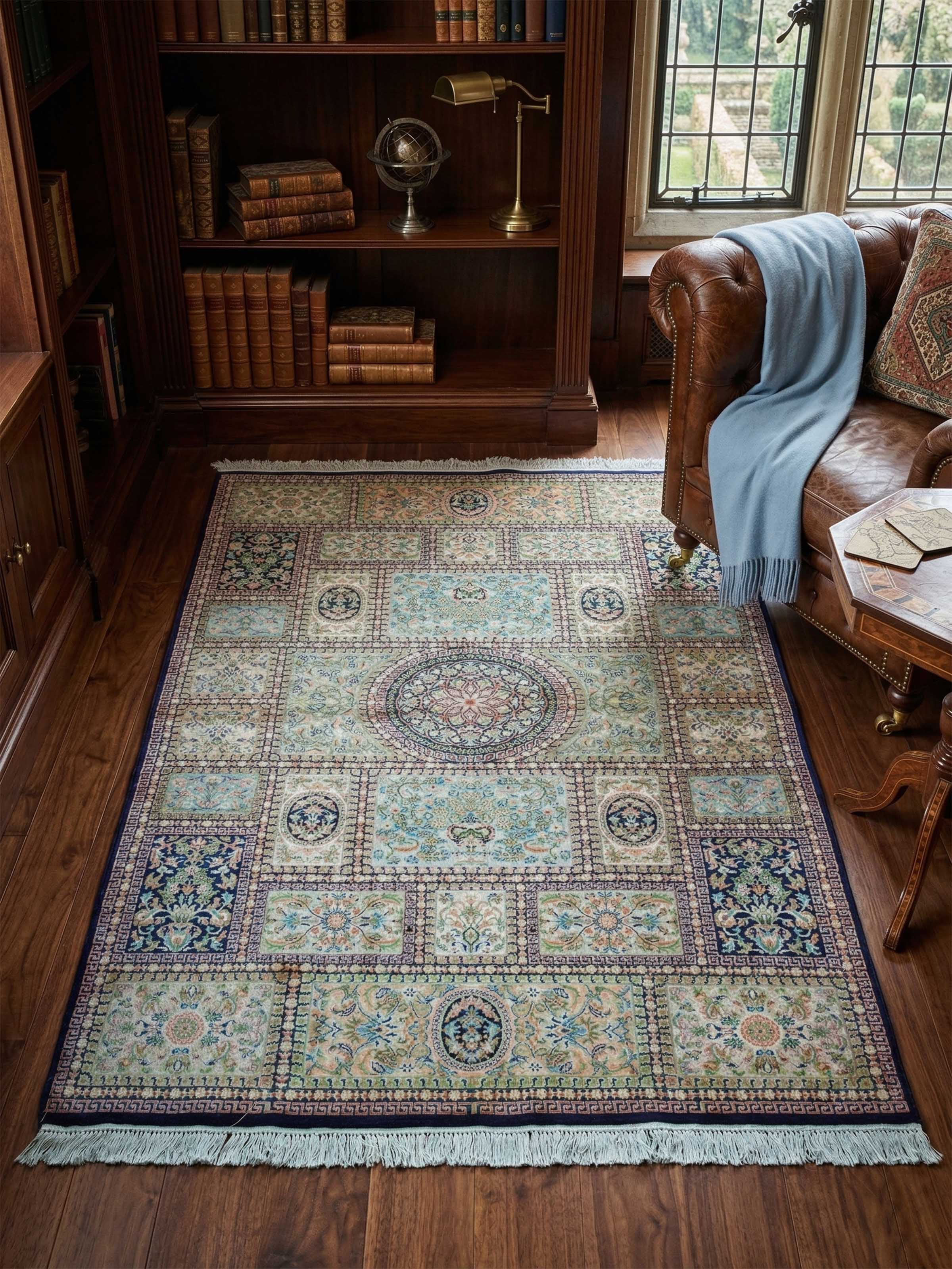 Traditional Persian Blue Green Dabdar Kashmir Silk Hand-Knotted Carpet