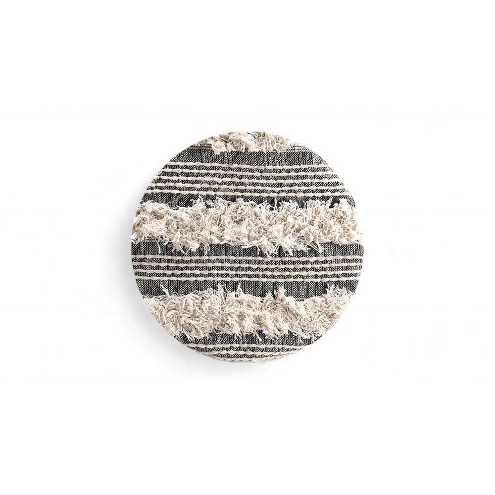 Louisville Acacia Wood Mid Century Round Pouf Stool in Grey Fabric